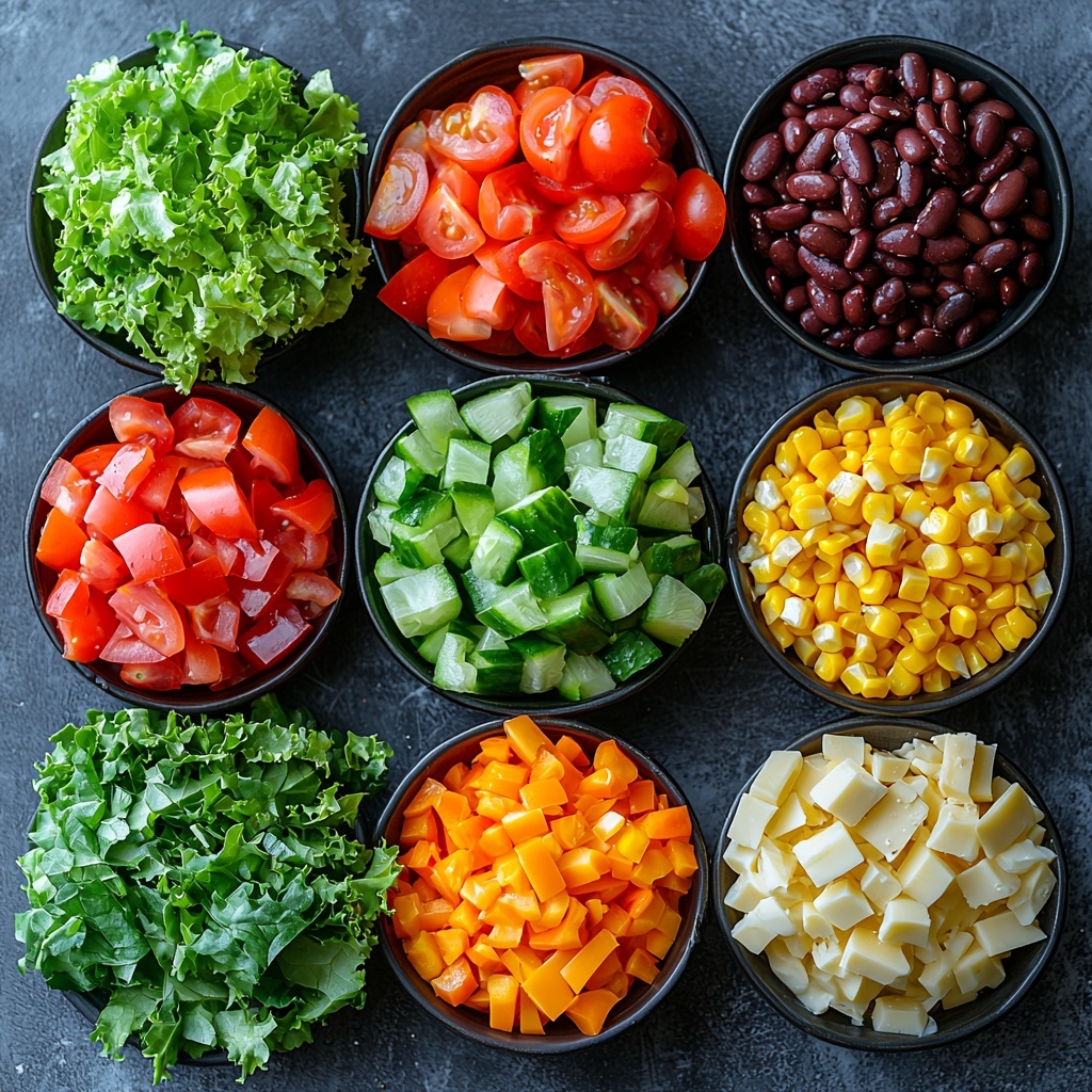 A bright, clean flat lay of fresh Southwest Salad ingredients arranged neatly on a smooth white surface. Small dishes and piles of finely diced vibrant green poblano peppers and bright red bell peppers sit side by side, their glossy textures catching the light. Crisp, leafy green romaine lettuce leaves are fanned out in a loose pile, showcasing their fresh, slightly ruffled edges. Next to them, a small heap of shiny black beans contrasts sharply with a vivid pile of golden yellow corn kernels. Four glossy, deep red grape tomatoes are clustered together, their smooth skins reflecting soft highlights. Two small mounds of shredded cheeses—creamy white Monterey Jack and rich orange cheddar—add a soft, slightly fluffy texture. Sliced blackened chicken breast pieces with a dark, charred crust and juicy interior are arranged artfully nearby. A small bowl of golden Southwest salad dressing adds a glossy, inviting sheen. The composition is balanced with natural light emphasizing the fresh, vibrant colors and diverse textures—fresh, crisp, smooth, and juicy—inviting and rustic yet clean. Overhead shot, top down view, flat lay photography, professional food styling --ar 1:1 --q 2 --s 750 --v 6.1