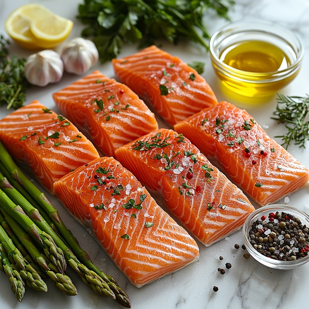 A flat lay of fresh, vibrant ingredients on a clean white marble surface: four raw salmon fillets with glossy, rich pink flesh and skin-on edges arranged neatly in a row; a bundle of bright green asparagus spears with trimmed woody ends, fanned out beside the salmon; a whole lemon, partially zested and halved with visible juicy pulp, placed next to a small bowl of coarse sea salt and freshly ground black pepper; three peeled garlic cloves, finely minced, scattered artfully nearby; a small glass bowl filled with golden extra virgin olive oil catching the light; and two small piles of dried parsley and dried thyme with their leafy textures clear and detailed. Soft natural light enhances the vibrant colors and varied textures of fish, herbs, and vegetables, with minimal shadows for a fresh, clean, and crisp look. Overhead shot, top down view, flat lay photography, professional food styling --ar 1:1 --q 2 --s 750 --v 6.1