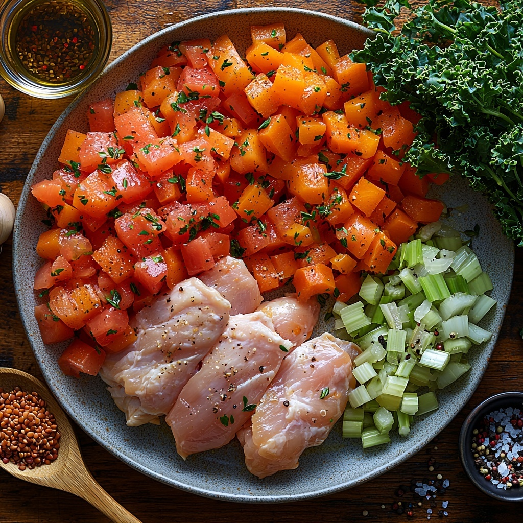 olive oil in a small glass bowl with a golden sheen, four large garlic cloves peeled and minced finely, a medium yellow onion diced into small pieces showing layers and translucency, a small wooden spoon holding dried thyme leaves, vibrant orange chopped carrots in a neat pile, bright green celery stalks chopped into uniform pieces, two raw chicken breasts with smooth pale pink skin on a simple white plate, an opened can of diced tomatoes showing rich red chunks and juice, a small ramekin filled with deep red tomato paste, a tiny glass dish containing bright red wine vinegar, a small bowl of uncooked ivory-colored quinoa grains, a measuring cup filled with clear golden chicken broth, a bunch of fresh dark green kale torn into rustic pieces scattered loosely, coarse grains of salt and cracked black peppercorns sprinkled artistically around, all ingredients arranged neatly on a clean light wooden surface with natural soft daylight illuminating textures and colors vividly, subtle shadows adding depth and contrast, minimalist styling with rustic kitchen tools subtly in frame for context, overhead shot, top down view, flat lay photography, professional food styling --ar 1:1 --q 2 --s 750 --v 6.1