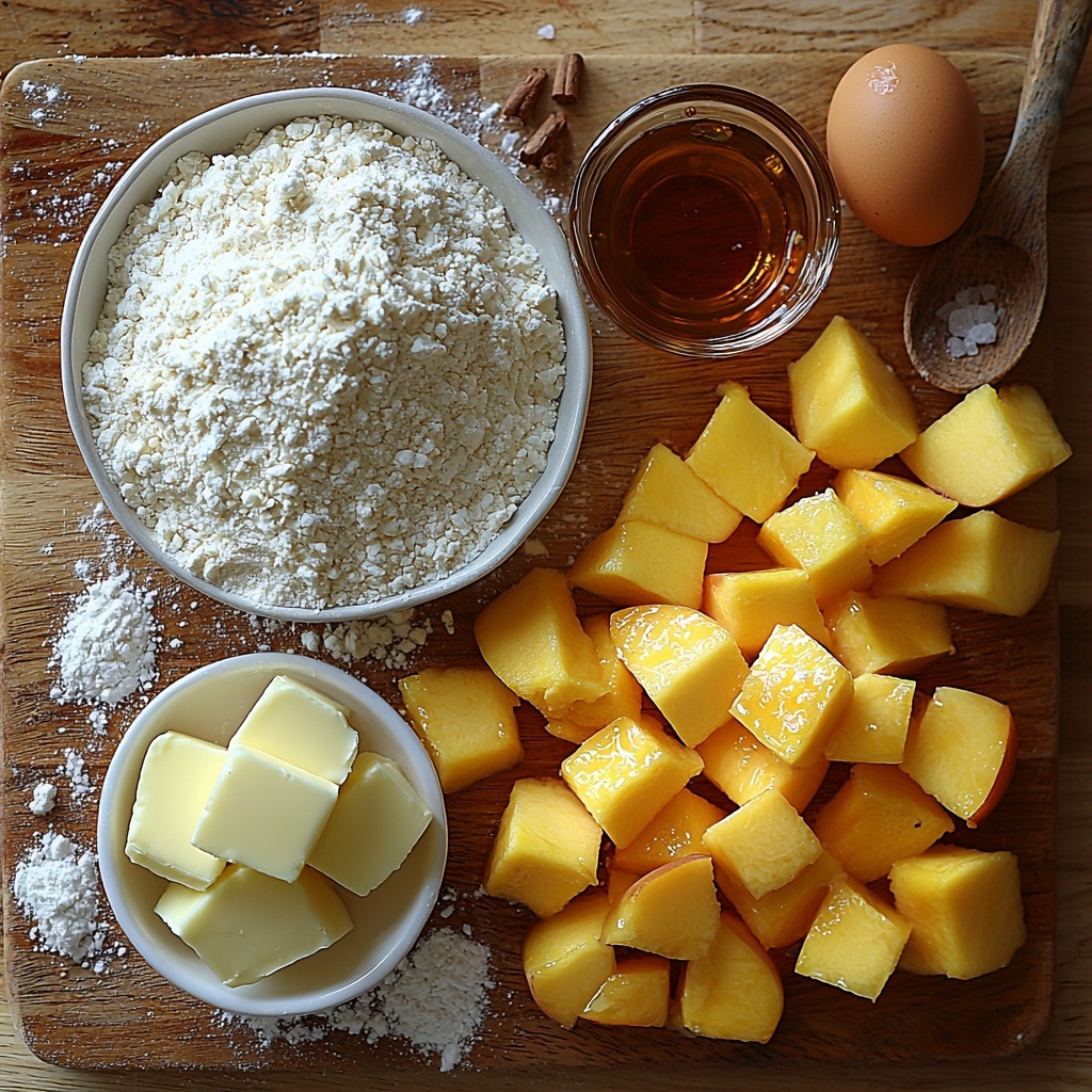 2 cups sifted all-purpose flour in a small clear glass bowl showing fine white powder texture, next to 1 tablespoon granulated white sugar and 1 teaspoon salt neatly spooned on a rustic wooden surface; 1 large brown egg, lightly cracked open with half the shell beside it; small glass bowl with a pale yellow mixture of beaten egg, 1/2 teaspoon white vinegar and 1/4 cup ice cold water with tiny condensation drops; 3/4 cup cold unsalted butter cut into 12 small cubes, arranged in a neat grid showing creamy, smooth texture; 4 ripe peaches peeled and cubed in a white ceramic bowl, vibrant orange and yellow tones with soft juicy texture; 3 tablespoons rich brown sugar heaped in a small wooden spoon; 2 tablespoons amber-colored bourbon in a small glass measuring cup catching light; two pinches of salt and cinnamon delicately sprinkled on a clean white porcelain plate; all ingredients spaced evenly on a clean light wood surface with natural soft daylight highlighting contrasting textures and warm, inviting colors, subtle shadow play for depth, careful professional food styling with minimal props to keep focus on ingredients, overhead shot, top down view, flat lay photography, professional food styling --ar 1:1 --q 2 --s 750 --v 6.1