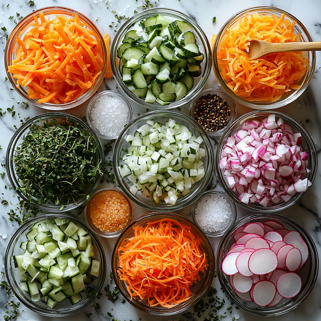 vinegar in a clear glass measuring cup, water in a small glass bowl, minced garlic on a rustic wooden spoon, sea salt crystals in a tiny white dish, granulated sugar scattered delicately nearby, dried oregano in a small ceramic bowl, vibrant shredded orange carrots in a neat pile, crisp white and pink shredded radish arranged side by side, pale green English cucumber cut into uniform matchsticks fanned out, thinly sliced deep purple-red onion rings stacked loosely, bright green chopped green onions sprinkled artfully, all ingredients spread evenly on a clean white marble surface with soft natural light highlighting the fresh colors and varied textures, subtle shadows adding depth, minimalist styling with a touch of rustic charm, overhead shot, top down view, flat lay photography, professional food styling --ar 1:1 --q 2 --s 750 --v 6.1