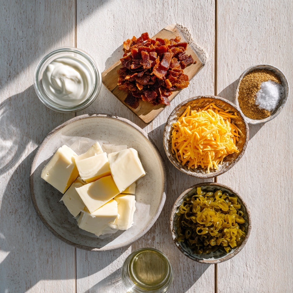 8 ounces crispy cooked bacon crumbles in a small rustic bowl, 16 ounces cream cheese softened and cut into neat cubes on a white ceramic plate, 1 cup smooth sour cream in a glass ramekin, 2 cups vibrant shredded cheddar cheese in a small heap with rich orange-yellow hues, 1 cup shredded Monterey Jack cheese with creamy pale tones arranged next to the cheddar, ½ cup glistening diced pickled jalapeños drained and piled in a textured small bowl showcasing their bright green color, ¼ cup translucent jalapeño juice in a clear glass container reflecting light, teaspoons of garlic powder and onion powder sprinkled lightly on a minimalist slate surface adding subtle texture, all ingredients carefully spaced on a clean, light wooden table with natural soft daylight casting gentle shadows enhancing colors and textures, composition is balanced and visually appealing with rustic yet modern food styling, overhead shot, top down view, flat lay photography, professional food styling --ar 1:1 --q 2 --s 750 --v 6.1