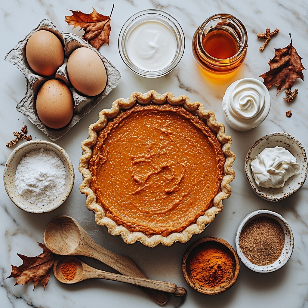 a clean white marble surface arranged with main ingredients for a healthy pumpkin pie: a small bowl of vibrant orange pumpkin puree with smooth texture, three fresh brown eggs in a neat cluster, a glass measuring cup with creamy white milk, a small wooden bowl filled with golden amber maple syrup, a rustic ceramic dish holding light brown coconut sugar crystals, a tiny glass bottle with amber vanilla extract, a small white plate displaying warm orange-brown pumpkin pie spice and cinnamon powders gently mounded side by side, a pinch of fine white salt on a minimalist ceramic spoon, a rolled-out unbaked golden pie crust on parchment paper with visible flaky layers, and a dollop of fluffy white whipped cream on a small white ramekin spoon—soft natural light highlighting the warm earthy tones and varied textures, subtle shadows for depth, styled with autumnal dried leaves and a wooden spoon for cozy seasonal vibes, overhead shot, top down view, flat lay photography, professional food styling --ar 1:1 --q 2 --s 750 --v 6.1