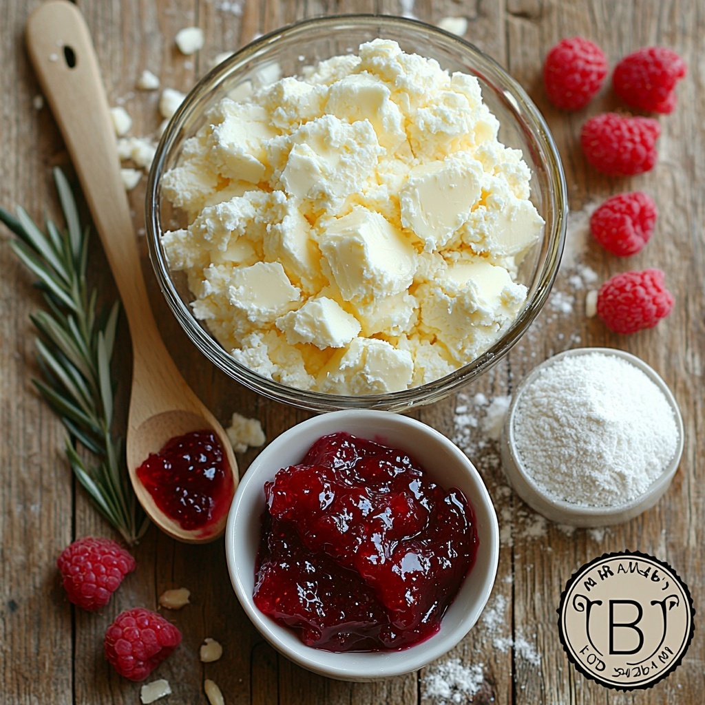 1- Softened pale yellow butter in a small glass bowl, a rustic wooden spoon resting beside it; a small white ceramic bowl filled with sparkling ruby red raspberry jam with visible seeds; a neat mound of fine, white flour carefully scooped on a clean linen cloth; a delicate white teaspoon holding glossy, amber-colored almond extract; a heap of granulated white sugar with sparkling crystals scattered lightly nearby. All ingredients arranged artfully on a smooth, light wood surface with natural daylight casting soft shadows, accented by subtle sprigs of almond blossoms for a fresh touch. The composition emphasizes contrasting textures—creamy butter, grainy sugar, powdery flour, and glossy jam—all harmoniously balanced in a crisp, clean aesthetic. overhead shot, top down view, flat lay photography, professional food styling --ar 1:1 --q 2 --s 750 --v 6.1
