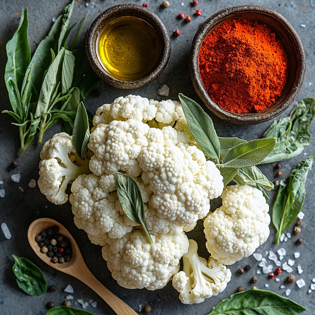 2- A clean, bright white surface with fresh cauliflower florets arranged artfully in a loose cluster, showcasing their creamy white texture and green leafy accents. Nearby, a small rustic bowl filled with glossy golden olive oil, catching light and emphasizing its smooth surface. A tiny dish or mound of deep red-orange smoked paprika powder, vibrant and finely textured, placed next to a small wooden spoon. Sprinkled coarse sea salt crystals and cracked black peppercorns scattered gently around for texture and contrast. Soft natural lighting highlights the matte and glossy elements, with subtle shadows adding depth. Minimalist, airy styling with a touch of rustic charm, emphasizing freshness and simple ingredients. Overhead shot, top down view, flat lay photography, professional food styling --ar 1:1 --q 2 --s 750 --v 6.1