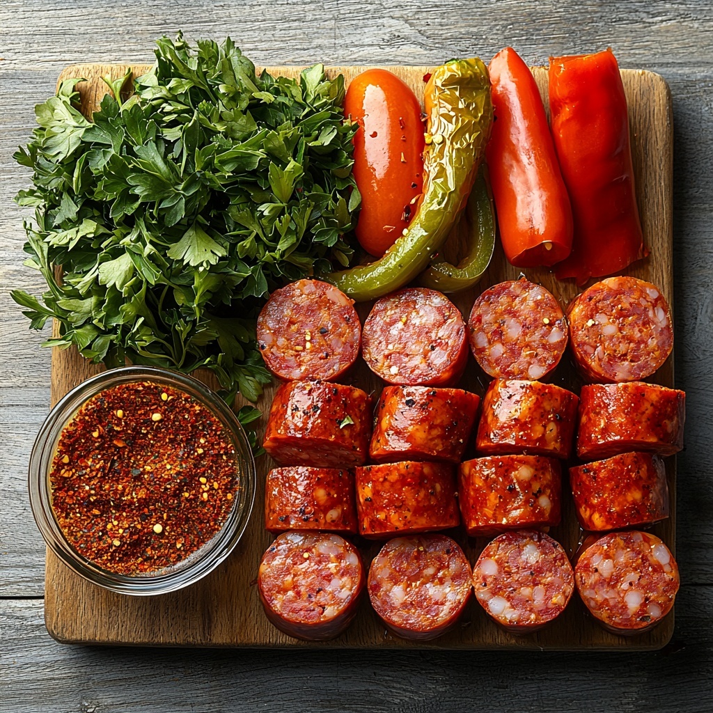 3- Smoked sausage sliced into thick rounds with a rich, reddish-brown color; a vibrant green bell pepper cut into strips showcasing shiny, smooth skin; a small glass bowl filled with creamy white heavy cream, slightly glossy; a wooden spoon sprinkled with warm-toned Cajun seasoning in fine texture, deep rusty red with flecks of black and orange. All ingredients neatly arranged on a clean, light wooden surface with natural diffused lighting highlighting the contrasts and textures. Slight shadows add depth, with a casual yet artful spacing that invites the eye to explore each element. Overhead shot, top down view, flat lay photography, professional food styling --ar 1:1 --q 2 --s 750 --v 6.1