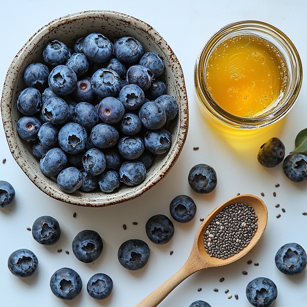 4- a clean white surface with fresh ripe blueberries scattered in a small rustic ceramic bowl and loose around it, a small glass jar filled with golden honey catching the light, a wooden spoon lightly heaped with tiny chia seeds showing their delicate texture, a small clear glass bowl of fresh pale yellow lemon juice, arranged neatly with balanced spacing and natural shadows, vibrant colors with deep blue, warm amber, earthy beige, and soft yellow hues, minimalistic and bright styling emphasizing freshness and simplicity, subtle linen napkin folded softly at the edge, overhead shot, top down view, flat lay photography, professional food styling --ar 1:1 --q 2 --s 750 --v 6.1