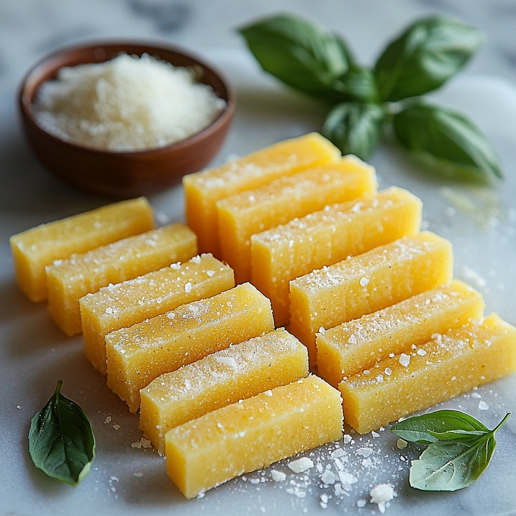 5- tube of cooked polenta sliced into thick fries, small bowl of golden olive oil with a glossy surface, coarse salt crystals scattered artfully, a small pile of finely grated Parmesan cheese with fluffy texture, all arranged neatly on a clean white marble surface to highlight natural colors and textures, warm natural lighting casting soft shadows, minimalistic styling with a few fresh basil leaves for a pop of green, emphasis on rustic yet elegant presentation, subtle crumbs and salt grains adding tactile detail, overhead shot, top down view, flat lay photography, professional food styling --ar 1:1 --q 2 --s 750 --v 6.1