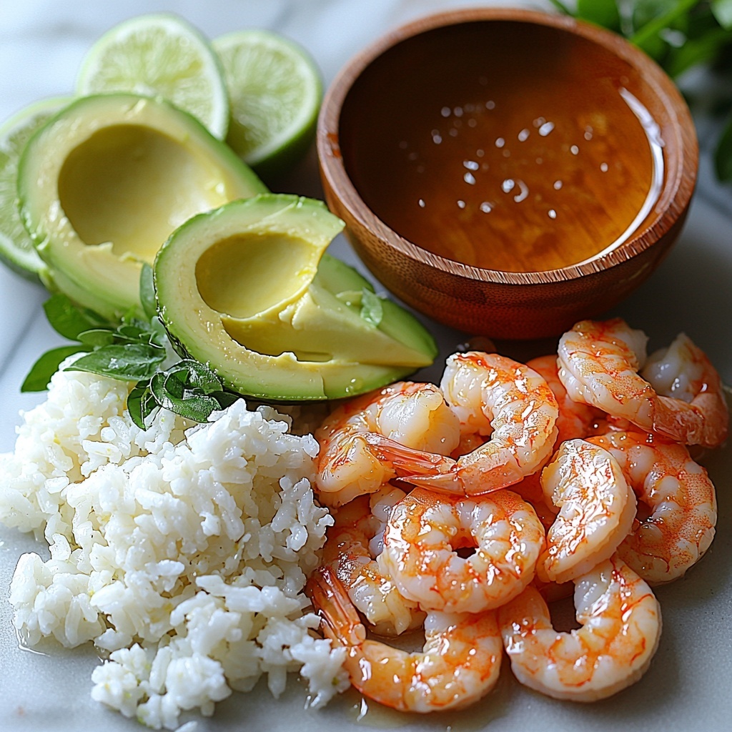 6- honey, lime, shrimp, cooked and raw, fluffy white rice, ripe avocado slices arranged neatly on a clean white marble surface. Ingredients thoughtfully spaced to showcase vibrant colors: the pink-orange shrimp glazed with honey lime glaze, bright green avocado with smooth creamy texture, fresh lime halves with glossy skin, and plump rice grains adding soft contrast. Soft natural light highlighting textures and colors, subtle shadows for depth. Minimal props, slight droplets of water on avocado for freshness, clean and modern styling with small wooden bowl holding honey, a slice of lime cut to reveal juicy interior. Overhead shot, top down view, flat lay photography, professional food styling --ar 1:1 --q 2 --s 750 --v 6.1