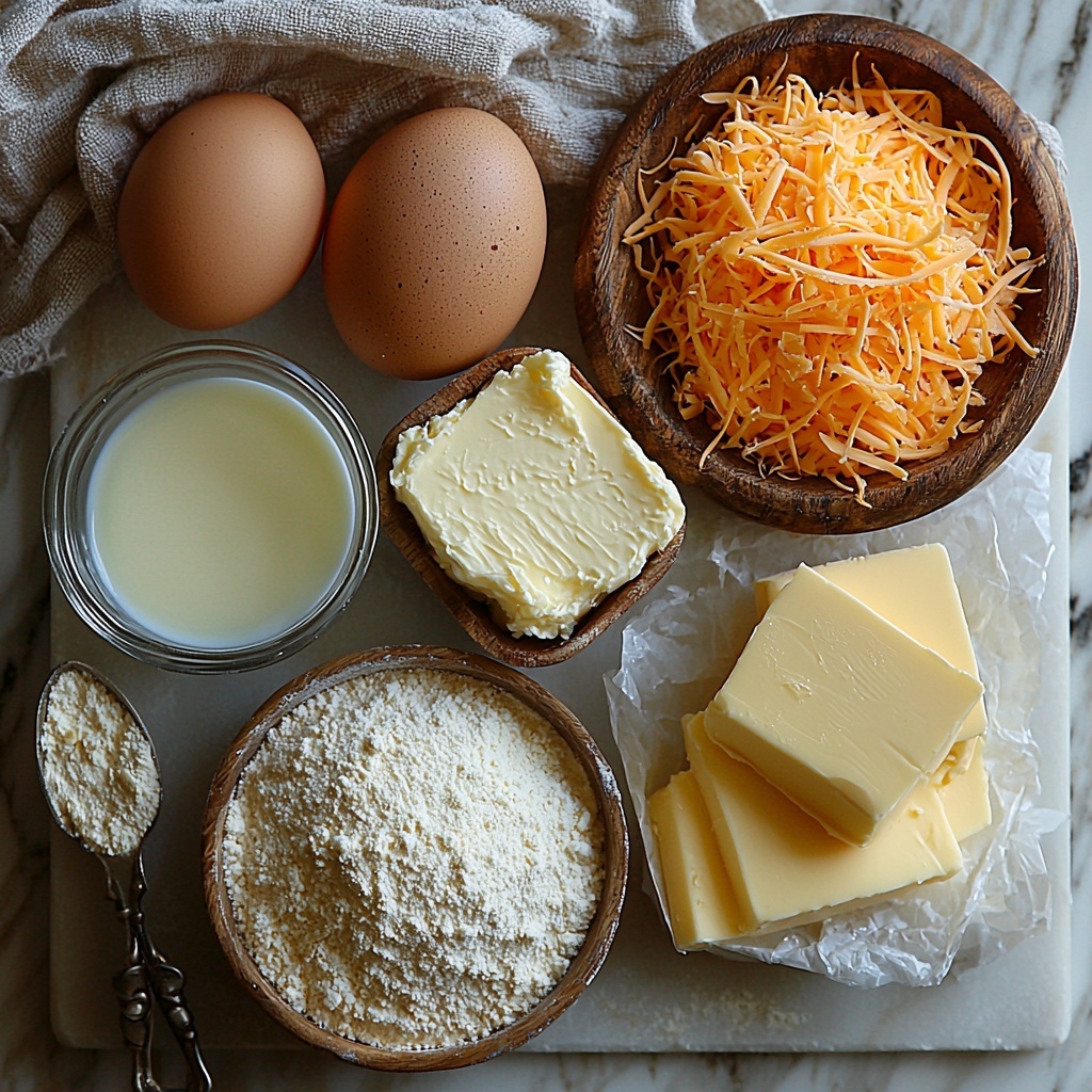 7- A clean white marble surface with six main ingredients neatly arranged: a small wooden bowl filled with bright yellow cornmeal, a small pile of soft white all-purpose flour dusted slightly around the edges, two fresh brown eggs with smooth shells, a glass measuring cup with creamy white milk, a vintage silver butter knife resting beside a partially unwrapped block of pale golden butter, and a small rustic bowl overflowing with vibrant orange shredded cheddar cheese. The textures contrast beautifully—the grainy cornmeal, powdery flour, glossy eggs, smooth milk, creamy butter, and stringy cheese. Natural soft daylight from the top left casts gentle shadows, enhancing the warm, inviting tones. Minimal props, with a linen napkin folded casually nearby to add softness, and a hint of rustic charm to the clean, modern styling. Overhead shot, top down view, flat lay photography, professional food styling --ar 1:1 --q 2 --s 750 --v 6.1