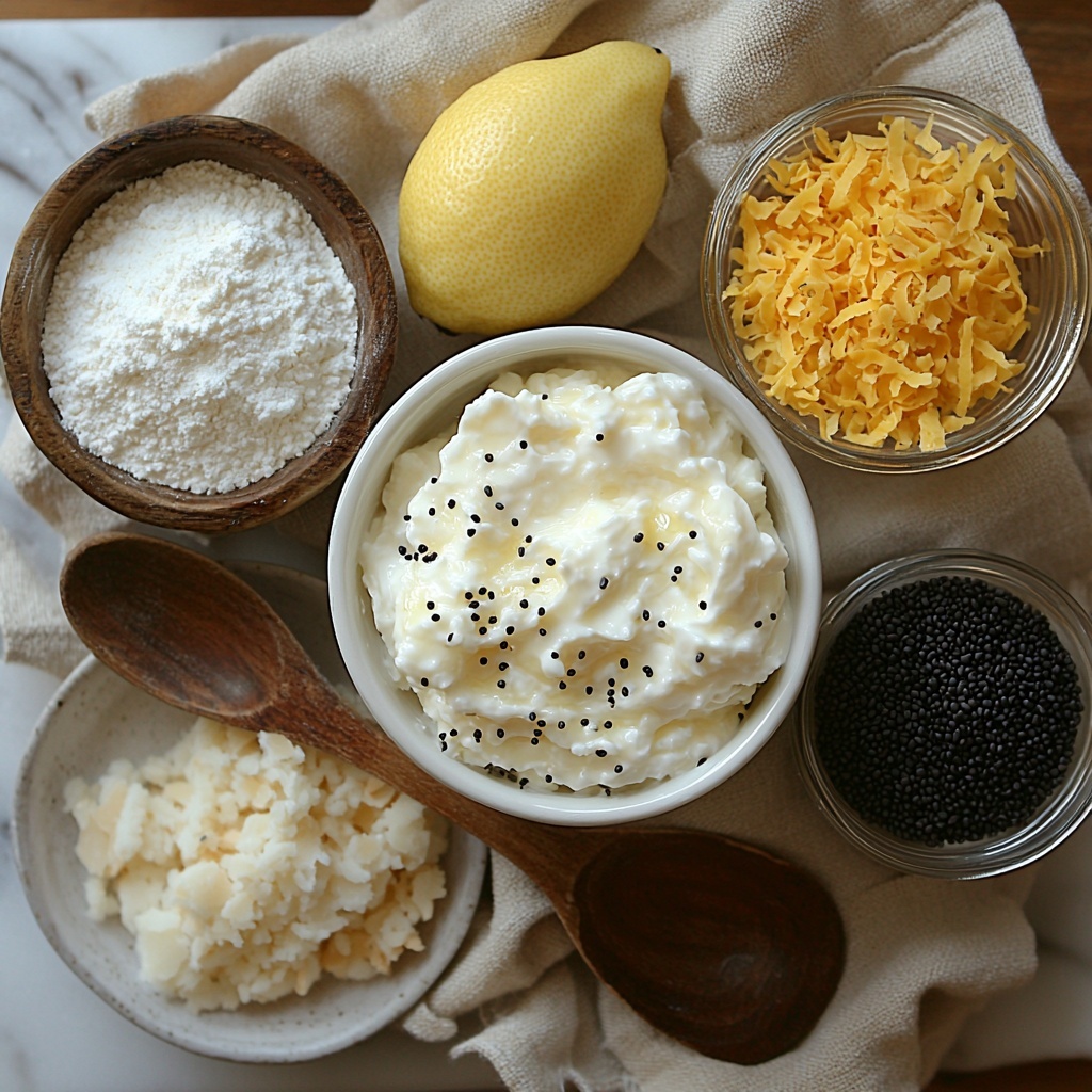 8- Flour in a small white ceramic bowl with a light dusting scattered nearby, golden granulated sugar in a clear glass jar with some crystals spilled gently onto the surface, a rustic wooden spoon resting across the bowls; creamy thick Greek yogurt in a simple white ramekin showcasing its smooth texture; bright yellow lemon zest finely grated and neatly piled on a small plate, vibrant with fresh citrus color; tiny black poppy seeds sprinkled artfully in a small glass dish with a few seeds scattered around for contrast. All ingredients arranged thoughtfully on a clean, light beige linen cloth atop a smooth white marble surface, soft natural daylight casting gentle shadows, warm and inviting color palette emphasizing textures and freshness. Overhead shot, top down view, flat lay photography, professional food styling --ar 1:1 --q 2 --s 750 --v 6.1