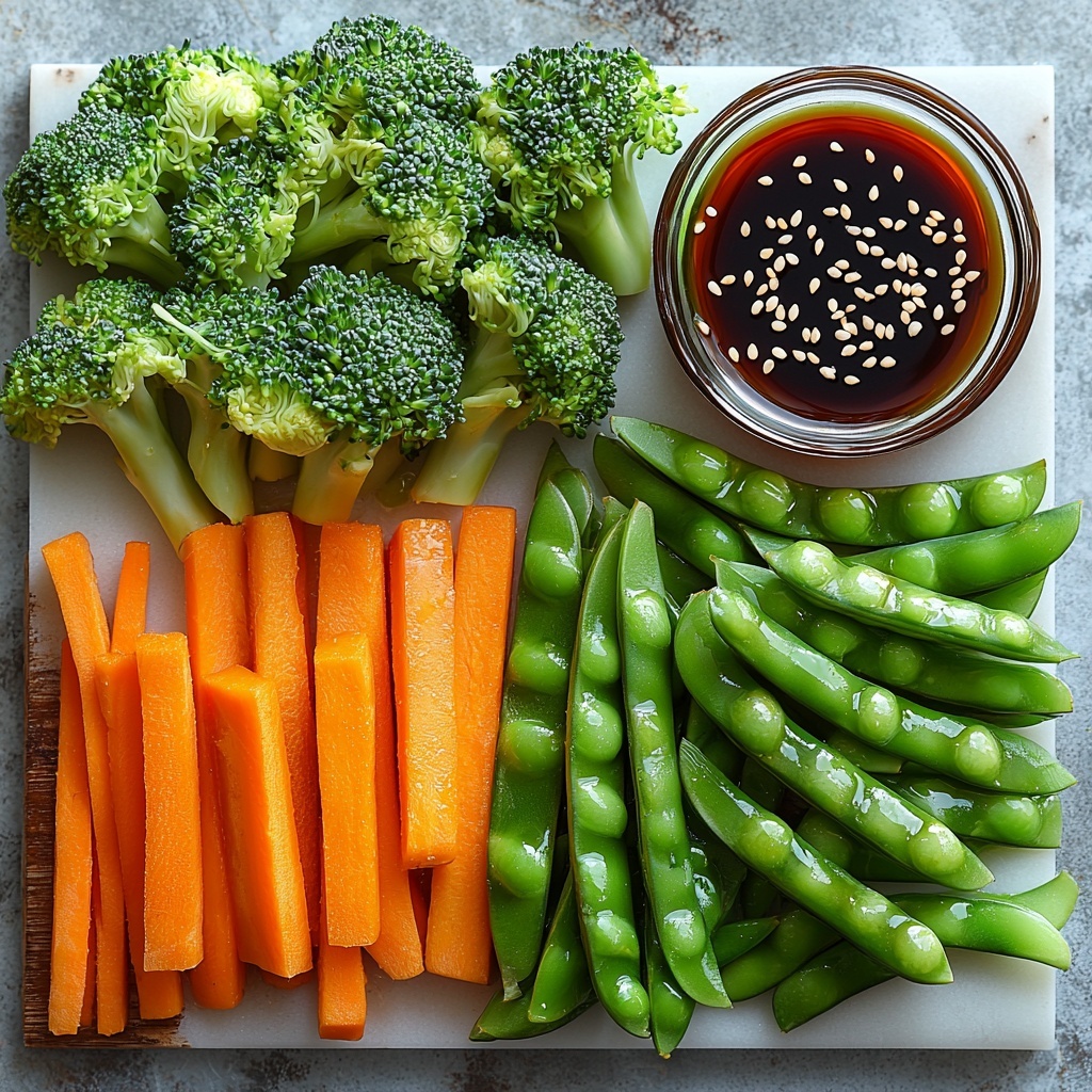 9- Broccoli florets with vibrant deep green color and bumpy texture, bright orange carrot sticks cut into neat uniform pieces, fresh snap peas with smooth, glossy pods in vivid green, small glass bowl filled with glossy dark brown teriyaki sauce, a small dish of golden sesame oil with reflective surface; all ingredients arranged thoughtfully on a clean white marble surface creating harmonious balance and contrast in colors and shapes; natural soft daylight illuminating the scene highlighting freshness and textures; minimal wooden chopsticks and a small rustic wooden bowl of sesame seeds artfully placed to enhance the composition; background decluttered and airy to keep focus entirely on ingredients; overhead shot, top down view, flat lay photography, professional food styling --ar 1:1 --q 2 --s 750 --v 6.1