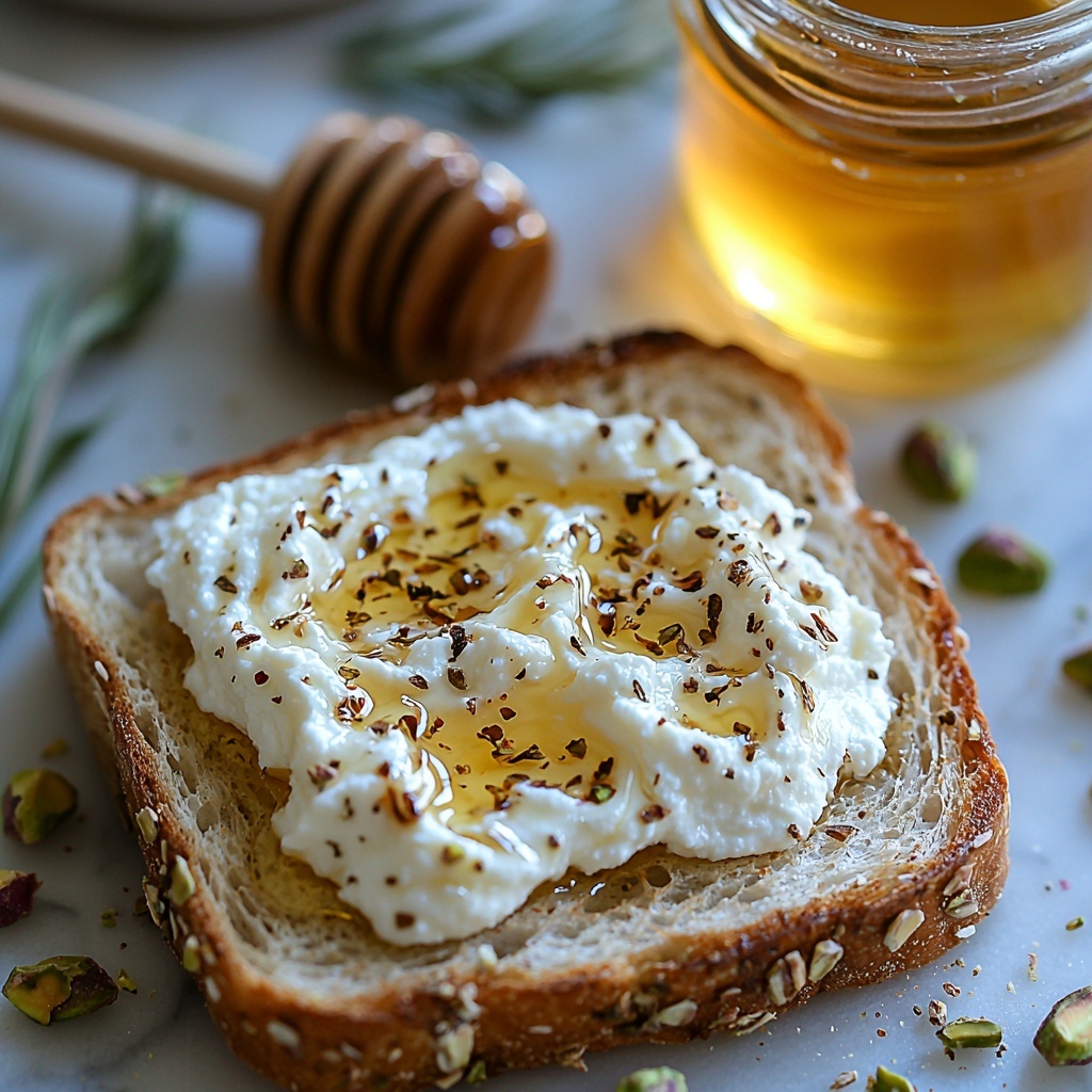10- A clean white marble surface featuring a rustic slice of golden toasted bread placed slightly off-center, topped with a fluffy dollop of creamy white ricotta cheese spreading softly over the edges. Nearby, a small glass jar of viscous, amber-colored honey with a wooden honey dipper resting beside it, glistening under soft natural light. Scattered around the toast and jar are vibrant green crushed pistachios adding a textured, colorful contrast. Delicate honey drizzles artfully trickle down the bread, imparting warmth and glossiness. The composition is minimalist and airy, with soft shadows enhancing the fresh, inviting textures and colors. Overhead shot, top down view, flat lay photography, professional food styling --ar 1:1 --q 2 --s 750 --v 6.1