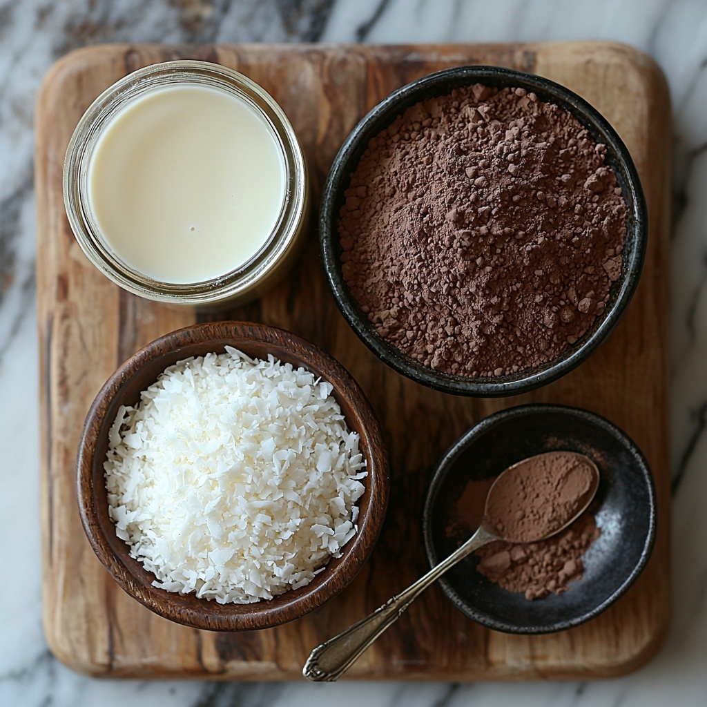 11 - A clean white marble surface with three main ingredients artfully arranged for a flat lay shot: a small rustic bowl filled with fluffy, snowy shredded coconut on one side; a vintage glass jar of thick, glossy condensed milk with a silver spoon resting beside it; and a matte black ceramic dish holding rich, dark brown cocoa powder with a soft texture. Scattered coconut flakes and a light dusting of cocoa powder add natural texture and contrast around the bowls. Soft natural light highlights the creamy white, deep brown, and snowy textures, creating a warm, inviting atmosphere. The composition is balanced, minimalist, and visually pleasing, with subtle shadows adding depth. Overhead shot, top down view, flat lay photography, professional food styling --ar 1:1 --q 2 --s 750 --v 6.1