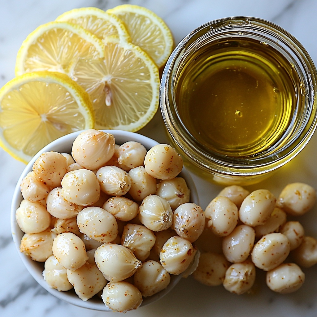 12 - Roasted garlic cloves with a light golden-brown roasted texture, a small bowl of creamy white beans showing smooth, pale beige beans, a glass jar of rich golden olive oil glistening under soft light, fresh lemon wedges with bright yellow flesh and textured peel, all neatly arranged on a clean white marble surface. The ingredients are spaced evenly in a harmonious composition, with a minimalistic style emphasizing natural colors and textures. Soft natural lighting enhances the subtle sheen of the olive oil and the roasted garlic’s caramelized edges. Slight shadows add depth while maintaining a bright, fresh, and inviting feel. Overhead shot, top down view, flat lay photography, professional food styling --ar 1:1 --q 2 --s 750 --v 6.1