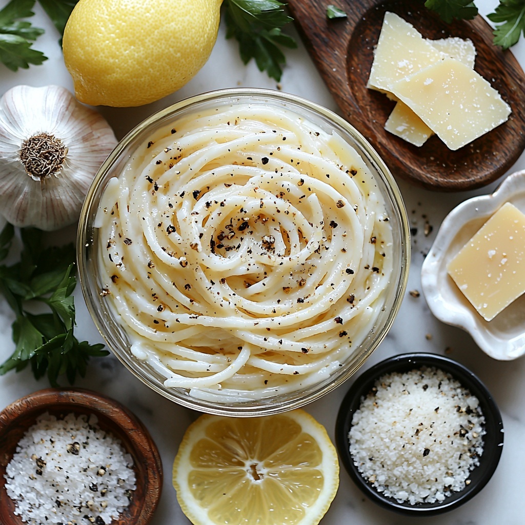 3- A clean white marble surface displaying a flat lay of creamy roast garlic and lemon pasta ingredients: a small clear glass bowl filled with thick heavy cream; a whole golden-brown roasted garlic bulb with soft caramelized cloves visible; a small puddle of rich, glossy olive oil in a white ceramic spoon; a fresh lemon sliced in half showing bright yellow juicy flesh, alongside a small pile of finely grated lemon zest; a rustic wooden bowl with coarse sea salt crystals; a small black dish containing freshly cracked black pepper; a half-cup heap of finely grated Parmesan cheese with a slightly pale yellow hue on a minimal white plate; uncooked golden strands of pasta loosely coiled on a natural linen napkin; and a handful of vibrant fresh green parsley leaves scattered artfully around. Soft natural light emphasizes the textures—the cream’s smoothness, the garlic’s roasted caramelization, the zest’s delicate granules, and the cheese’s fine shredding—while maintaining balanced shadows for depth. The composition is neat but organic, with slight asymmetry to create visual interest, photographed overhead with negative space for a modern, airy feel. Overhead shot, top down view, flat lay photography, professional food styling --ar 1:1 --q 2 --s 750 --v 6.1