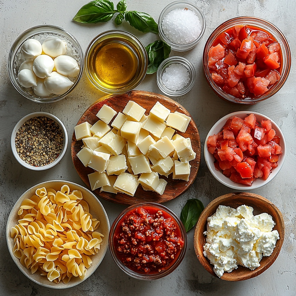 4- A clean, bright surface styled with the main ingredients of creamy lasagna soup arranged neatly in small bowls and rustic dishes: golden olive oil in a small glass bowl, finely diced translucent onion piled softly on a wooden spoon, raw ground beef in a natural, slightly marbled texture on a light ceramic plate, finely minced garlic cloves scattered gently, vibrant red pepper flakes in a tiny white dish, dried oregano leaves loosely spread, a glossy, deep red tomato paste dollop on a spoon, a rustic jar of rich tomato basil pasta sauce with visible bits of tomato and herbs, a bowl of chunky diced canned tomatoes with bright red and subtle yellow hues, a clear glass measuring cup filled with golden chicken broth, kosher salt crystals sprinkled delicately on a clean white plate, uncooked broken lasagna noodles stacked with pale yellow, slightly textured edges, a small glass cup of smooth heavy cream with a silky sheen, a heap of shredded mozzarella showing soft, snowy white strands, a small bowl of freshly grated parmesan cheese with fine, powdery texture, a dollop of creamy white ricotta cheese in a wide white ramekin, and fresh bright green basil leaves, some whole and some finely chopped scattered artistically around. The ingredients are arranged symmetrically and spaced evenly to create balance, with soft natural daylight casting gentle shadows to enhance textures and colors. The overall palette is warm and inviting with reds, greens, and creamy neutrals. overhead shot, top down view, flat lay photography, professional food styling --ar 1:1 --q 2 --s 750 --v 6.1