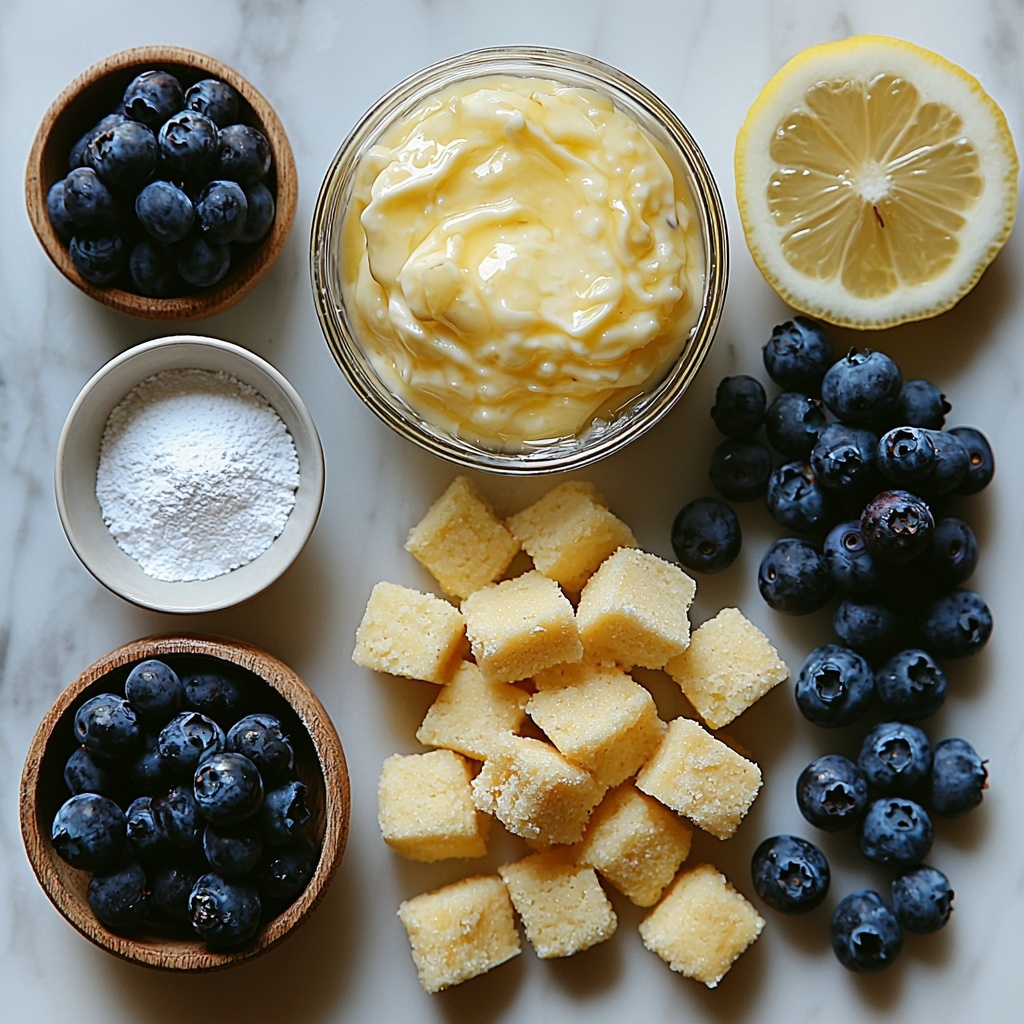 5- Lemon pudding in a smooth glass bowl, vibrant pale yellow and glossy; a can of deep blue, glossy blueberry pie filling in a small white ceramic dish; softened cream cheese in a rustic wooden bowl, creamy and pale ivory with a slightly whipped texture; powdered sugar gently dusted next to a small measuring cup, fine and bright white; a separate bowl of fluffy, cloud-like whipped topping, pure white and light; golden vanilla cake cubes or crumbled Nilla Wafers scattered artfully on a clean white marble surface, showcasing crumbly texture and warm tones; a small pile of fresh blueberries, plump and shiny with deep indigo hues; a small heap of bright yellow lemon zest strands, fresh and vibrant for garnish. The ingredients arranged neatly in a balanced circular composition on a pristine white marble counter, with soft natural lighting highlighting the contrasting textures and colors, subtle shadows adding depth, minimal props to keep focus on the ingredients, styled for an inviting, fresh, and clean aesthetic. overhead shot, top down view, flat lay photography, professional food styling --ar 1:1 --q 2 --s 750 --v 6.1