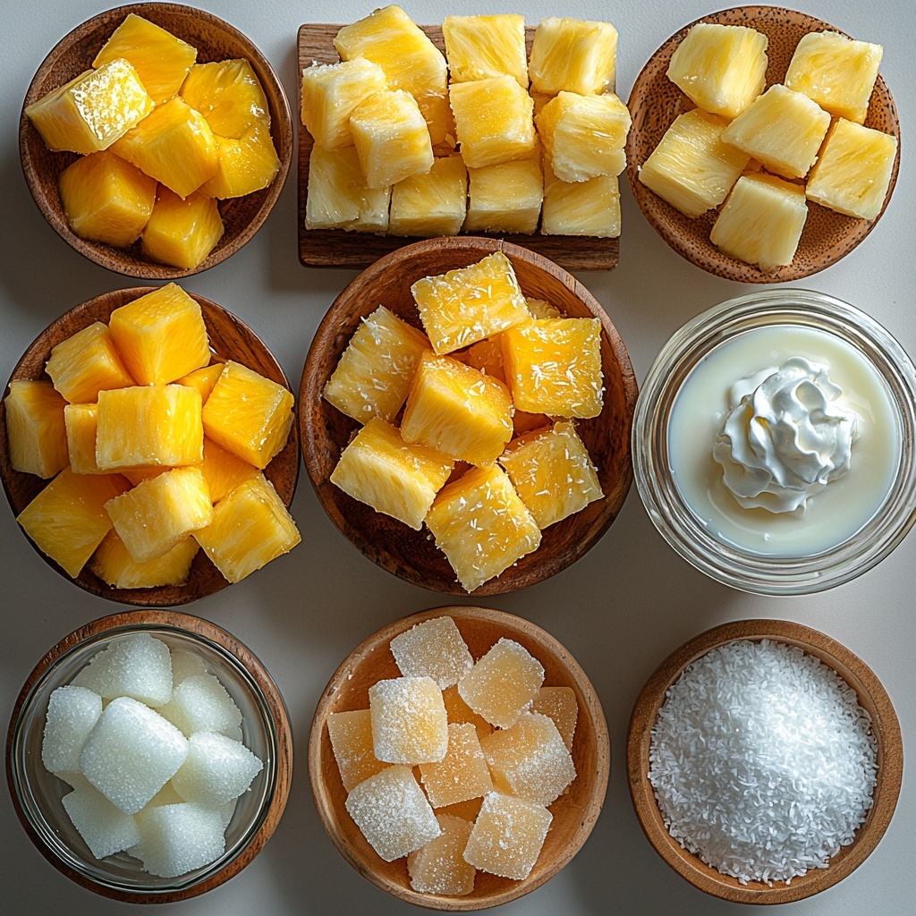 6- A clean white surface with vibrant frozen mango chunks in a small bowl, bright yellow-orange textured cubes; beside it, a bowl of frozen pineapple chunks, pale yellow with frosty edges; a clear glass cup filled with dark, chilled strong brewed coffee next to a small pitcher of creamy white milk; a small dish holding white granulated sugar with a subtle sparkle; a rustic bowl with clear, glossy ice cubes; a swirl of airy, fluffy whipped cream in a delicate glass ramekin; and a small wooden bowl containing golden toasted coconut flakes with a slightly toasted texture. The ingredients are arranged neatly in a balanced composition with natural soft daylight highlighting the fresh colors and varied textures, minimal shadows, and a crisp, modern aesthetic. Overhead shot, top down view, flat lay photography, professional food styling --ar 1:1 --q 2 --s 750 --v 6.1