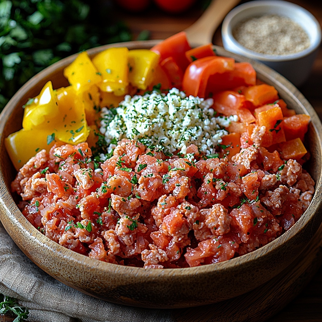 7- ground turkey in a small rustic bowl with a raw, slightly pink texture; vibrant red tomato paste thickly spooned into a vintage white ramekin; a small glass measuring cup filled with clear water; a small wooden bowl holding warm brown poultry seasoning powder; a tiny ceramic dish with fine off-white garlic powder; four colorful bell pepper halves in red, yellow, orange, and green arranged neatly in a row with glossy, hollowed interiors facing up; a mound of freshly shredded mozzarella cheese with soft, creamy white strands scattered slightly around the bowl; all ingredients set on a clean, light wooden surface with natural soft daylight casting gentle shadows, subtle rustic props like a linen napkin and wooden spoon placed around for warm, inviting styling, emphasis on vibrant colors, contrasting textures, and balanced composition, overhead shot, top down view, flat lay photography, professional food styling --ar 1:1 --q 2 --s 750 --v 6.1