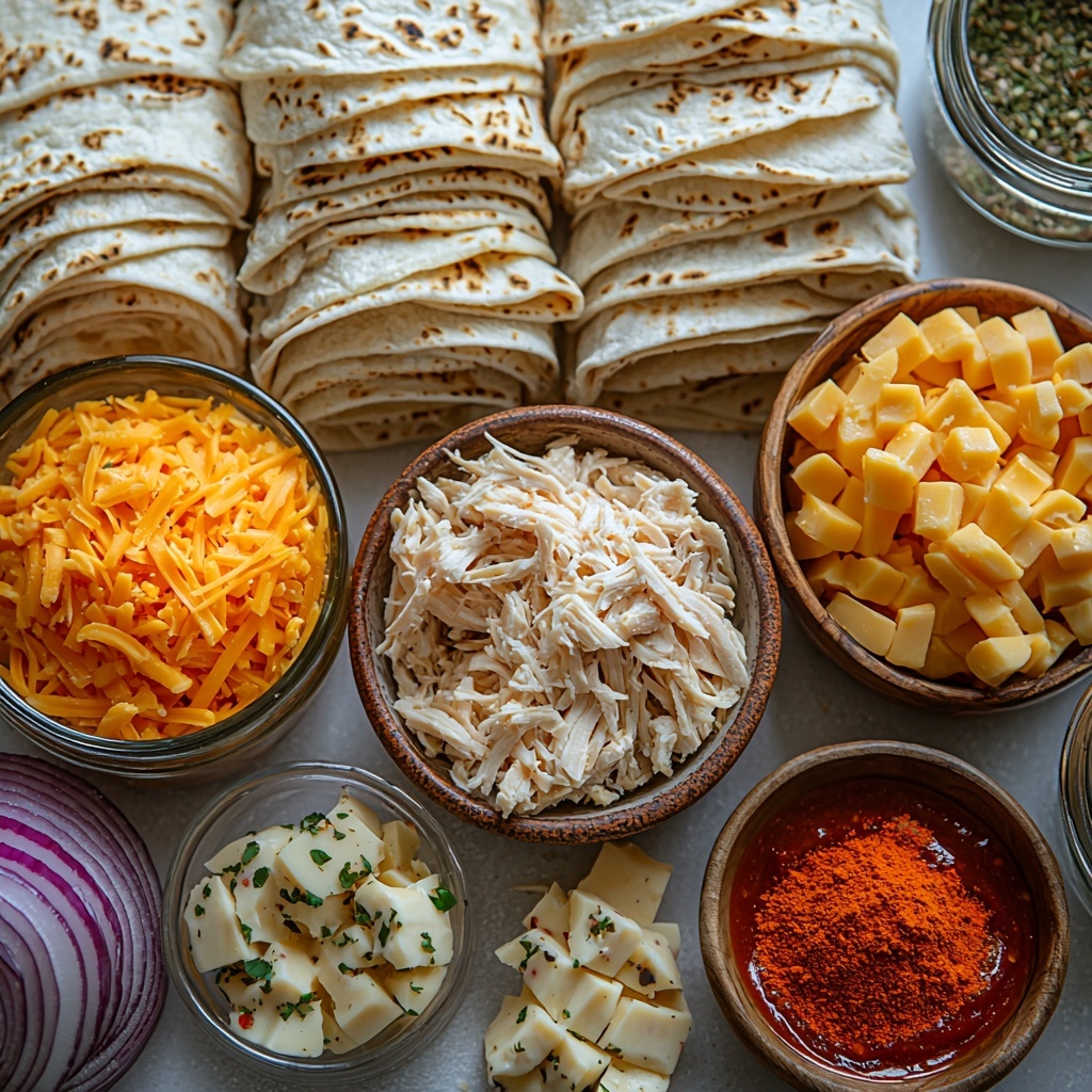 8- chicken enchilada casserole ingredients flat lay: shredded cooked chicken in a small rustic bowl showcasing tender white and light brown textures, bright diced yellow onions in a small glass bowl, deep red enchilada sauce in a ceramic ramekin with glossy surface, golden shredded cheddar cheese loosely piled with fine strands and a rich orange hue, soft stacked 8-inch flour tortillas with a pale cream color and subtle flour dusting, small wooden bowl of warm-toned taco seasoning powder next to a cup of water in a clear glass, all ingredients arranged neatly and spaced on a clean white matte surface with soft natural daylight highlighting vibrant colors and varied textures, minimal shadows, casual yet elegant presentation, crisp details emphasizing freshness and homemade feel, overhead shot, top down view, flat lay photography, professional food styling --ar 1:1 --q 2 --s 750 --v 6.1