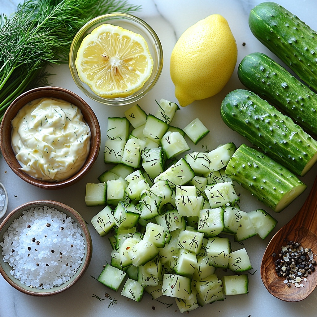 9- 2 cups diced cucumbers with vibrant light green color and crisp texture, 1 cup shredded white crab meat with delicate flaky texture, small glass bowl of creamy pale beige mayonnaise, another small bowl containing fresh bright yellow lemon juice, a bunch of finely chopped dark green fresh dill scattered beside, small wooden spoon with coarse salt and freshly cracked black pepper, all carefully arranged on a clean white marble surface with soft natural lighting enhancing the freshness and contrast of colors, minimal shadows, touch of rustic elegance with a linen napkin folded nearby, overhead shot, top down view, flat lay photography, professional food styling --ar 1:1 --q 2 --s 750 --v 6.1
