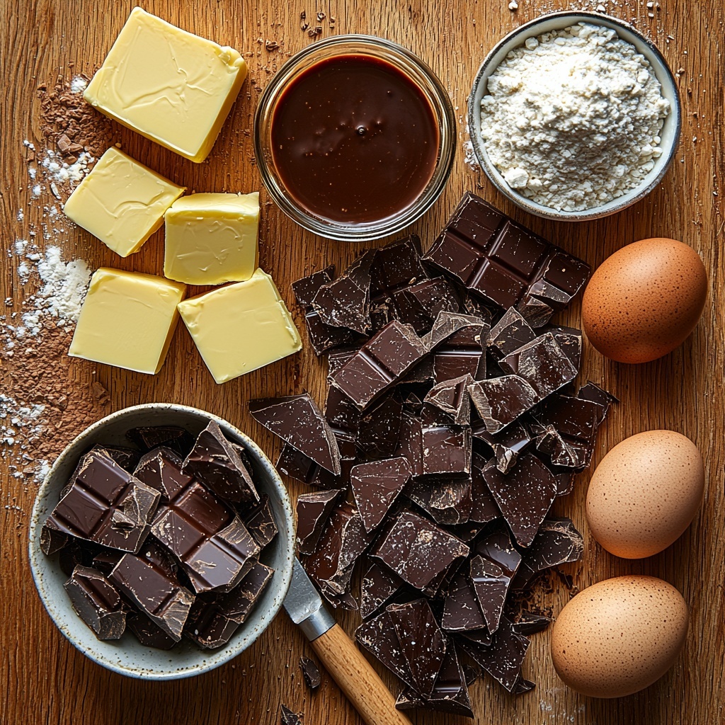 11- 100g butter, golden yellow cubes and a small butter block with a butter knife; 100g dark chocolate, irregularly chopped glossy dark brown chunks; 150g light brown soft sugar in a small glass bowl, rich caramel color with soft granules visible; 3 large fresh eggs with smooth brown shells arranged neatly; a small glass jar with ½ tsp vanilla extract, dark amber liquid; 50g plain flour in a white ceramic bowl with a light dusting scattered around for texture; a small white bowl of smooth single cream with silky texture and slight sheen. Ingredients arranged artfully on a clean, neutral light wooden surface with natural soft daylight creating subtle shadows and highlights. Bits of flour dust and chocolate shards add rustic detail. Warm tones emphasize comfort and indulgence. Minimalist styling with rustic ceramic bowls and wooden utensils for an inviting, cozy feel. Overhead shot, top down view, flat lay photography, professional food styling --ar 1:1 --q 2 --s 750 --v 6.1