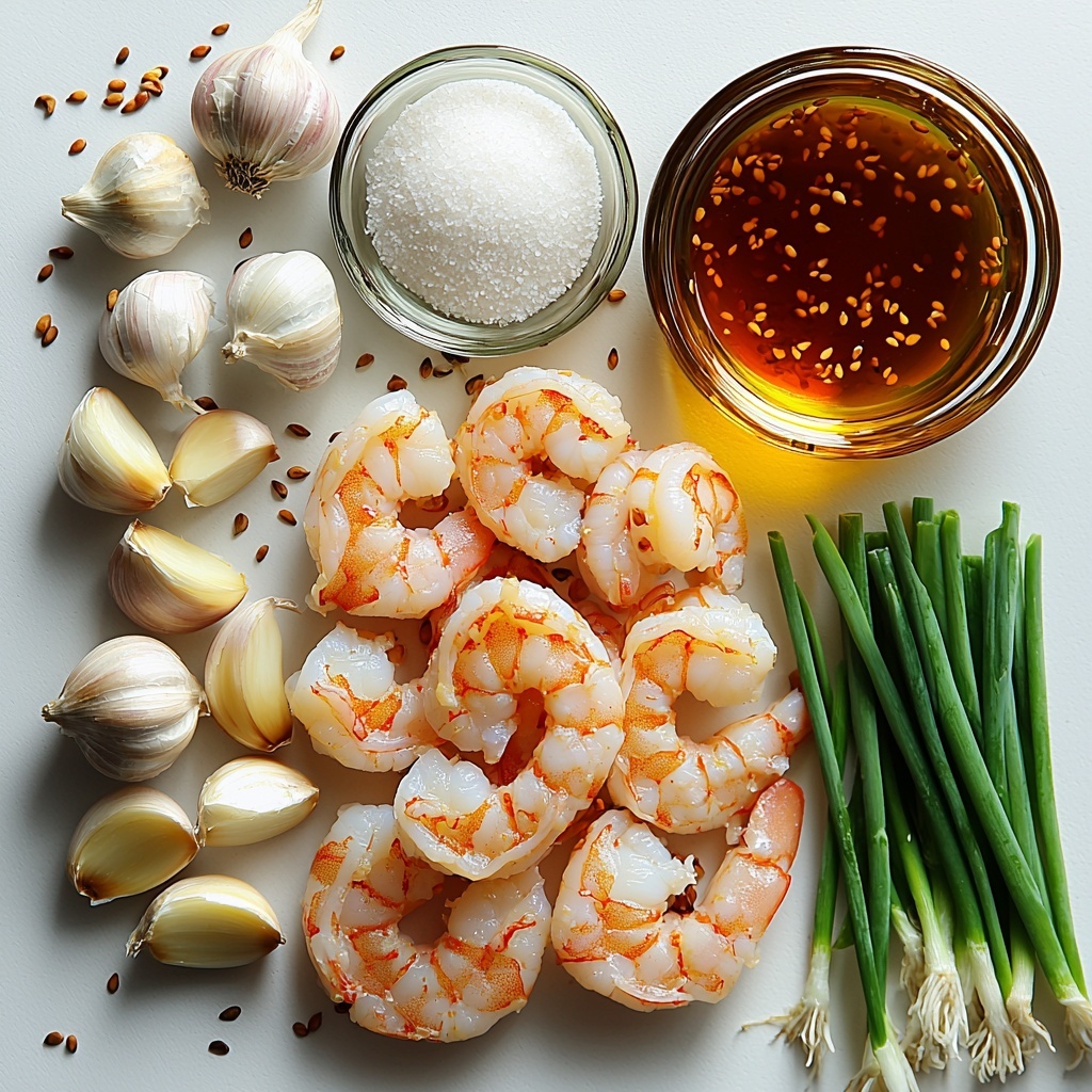 12- A clean, bright white surface featuring all the main ingredients for High-Protein Honey Garlic Shrimp artfully arranged in a balanced flat lay composition. At the center, a neat pile of large, raw peeled and deveined shrimp with their translucent pinkish-white color and smooth texture. Nearby, a small clear glass bowl filled with golden honey glistening under soft light. Four garlic cloves, peeled and roughly minced, are scattered in a casual cluster, showcasing their creamy white, slightly textured surfaces. Next to them, a small dish of dark, glossy soy sauce with deep brown hues reflecting subtle highlights. A small pool of rich, golden olive oil is gently pooled on a white ceramic spoon, highlighting its smooth, viscous texture. A tiny mound of fine white cornstarch powder lies beside a pinch of coarse sea salt and freshly ground black peppercorns scattered artistically on the surface. Two fresh green onions, sliced diagonally, add vibrant green color and crisp texture at the edge of the frame. A few toasted sesame seeds are sprinkled lightly around, creating delicate contrast. The composition is bright, airy, and minimalist with soft natural lighting emphasizing the fresh, raw ingredients’ vivid colors and textures. Overhead shot, top down view, flat lay photography, professional food styling --ar 1:1 --q 2 --s 750 --v 6.1