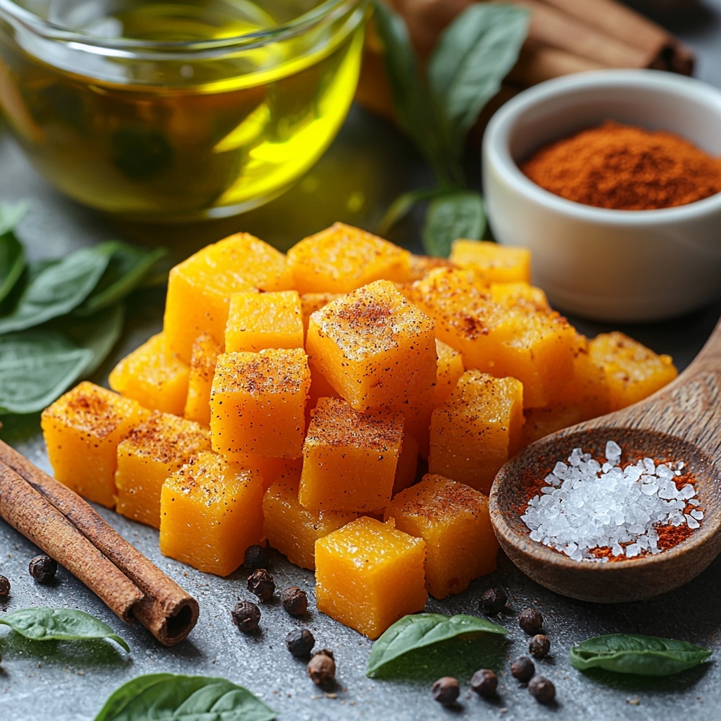 6- butternut squash cubes with vibrant orange color and smooth texture, small glass bowl of golden olive oil glistening under soft light, rustic wooden spoon sprinkled with rich brown sugar crystals, cinnamon sticks arranged artistically showing their warm reddish-brown hues, small white ramekin filled with fine sea salt, tiny ceramic bowl containing bright red cayenne pepper powder, all ingredients neatly spaced on a clean white marble surface to enhance colors, natural soft daylight from the side casting gentle shadows, minimalistic styling with a few autumnal leaves for subtle seasonal touch, warm and inviting color palette emphasizing earthy tones, overhead shot, top down view, flat lay photography, professional food styling --ar 1:1 --q 2 --s 750 --v 6.1