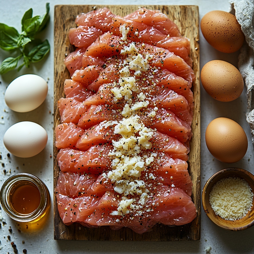 7- 4 boneless, skinless chicken breasts cut into strips, raw pale pink fresh chicken arranged neatly on a clean white surface; 2 cloves fresh garlic, peeled and minced, small pile of finely chopped white garlic cloves nearby; 1 cup golden panko breadcrumbs loosely heaped in a natural cluster, showcasing crisp texture; ½ cup freshly grated Parmesan cheese, soft off-white shreds in a small bowl; 2 large eggs cracked open with bright yellow yolks in a glass bowl next to smooth clean eggshell halves; 3 tbsp low-sodium soy sauce, dark glossy liquid in a small clear bowl reflecting light; 1 tbsp amber honey in a tiny glass jar with a honey dipper resting beside it; all ingredients separated and spaced evenly on a bright, clean white or light wooden background; natural soft daylight highlighting textures and colors, subtle shadows for depth; minimalist, modern styling with a few rustic elements like a wooden spoon or linen napkin partially visible; fresh, inviting, and clean aesthetic; overhead shot, top down view, flat lay photography, professional food styling --ar 1:1 --q 2 --s 750 --v 6.1