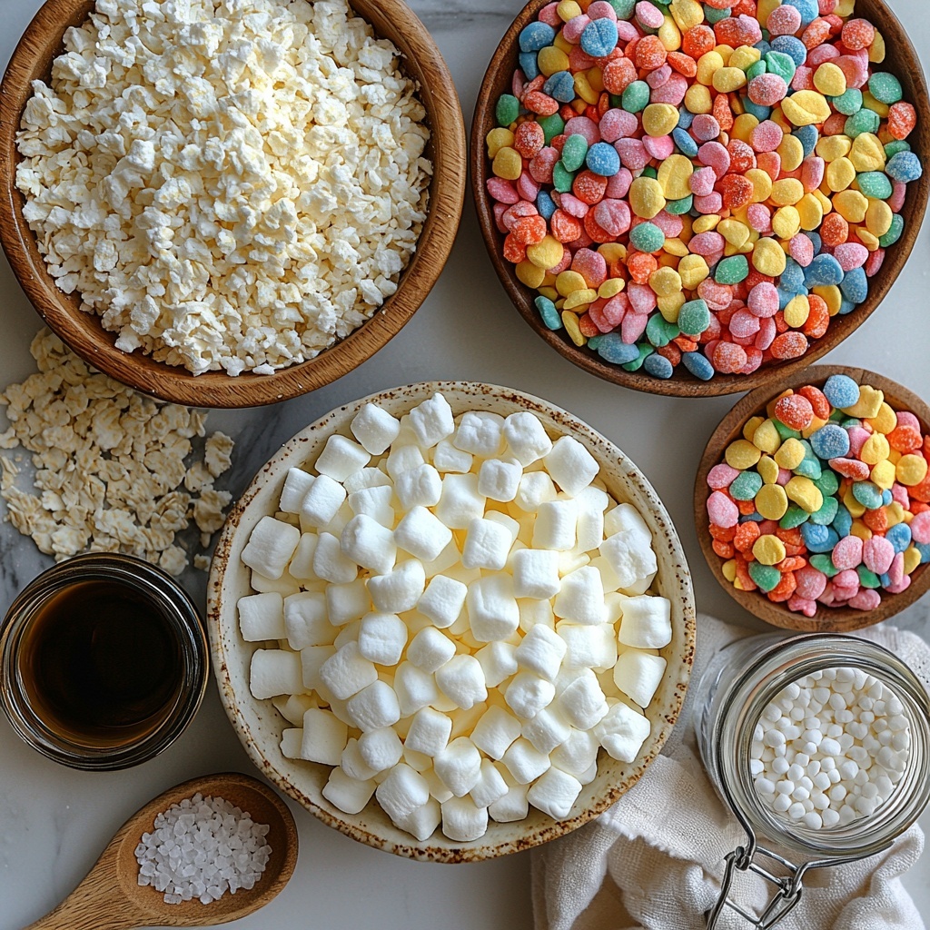 8- 5 tablespoons unsalted butter in a small vintage ceramic dish, smooth and creamy texture glowing under soft natural light; a small wooden bowl with coarse kosher salt crystals sparkling subtly; glossy, plump mini marshmallows heaped loosely in a clear glass bowl, some scattered casually around for texture contrast; a glass jar of rich amber vanilla paste with a small wooden spoon resting beside it; a large, rustic white ceramic bowl filled with crunchy, glossy Rice Krispies cereal, their puffed, irregular shapes creating a light, airy texture; next to it, a vibrant bowl overflowing with colorful Fruity Pebbles cereal – bright reds, yellows, blues, and greens vividly popping against the clean white surface; all ingredients carefully spaced and gently overlapping on a pristine, matte white countertop, with faint shadows adding depth and dimension, minimalistic styling with a sprinkle of scattered individual cereals and a folded linen napkin tucked at the corner for warmth and balance; natural daylight illuminating the scene for a fresh, inviting mood. Overhead shot, top down view, flat lay photography, professional food styling --ar 1:1 --q 2 --s 750 --v 6.1