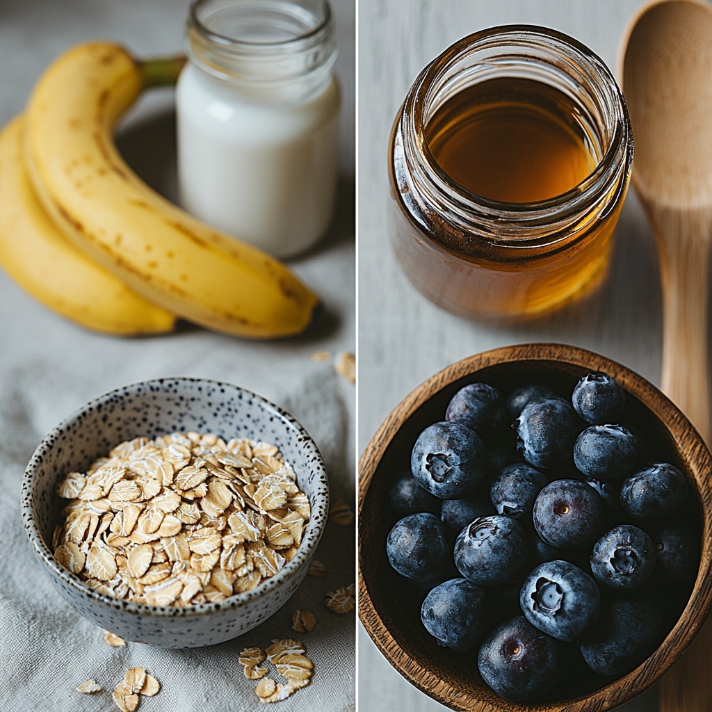 9- A clean white surface neatly arranged with the main ingredients for Blueberry Baked Oats: a small bowl of old fashioned rolled oats showing their coarse, flaky texture; a ripe banana with vibrant yellow skin and slight brown speckles placed whole and sliced to reveal its creamy interior; a glass jar of almond milk with smooth, white liquid inside; a small ceramic dish containing fine, light beige baking powder; a petite bowl filled with warm brown chai spice powder highlighting its fine texture; a small glass bowl of golden amber maple syrup reflecting light; and a rustic bowl heaping with plump, frosty frozen blueberries exhibiting deep blue and purple hues. The ingredients are spaced evenly with soft natural lighting emphasizing the colors and textures: matte oats, glossy syrup, smooth banana, and frosty berries. Subtle props like a wooden spoon and delicate linen napkin add warmth and an inviting artisanal feel. The composition is airy and uncluttered, focusing on textures and color contrasts, styled to inspire cozy homemade breakfasts. Overhead shot, top down view, flat lay photography, professional food styling --ar 1:1 --q 2 --s 750 --v 6.1