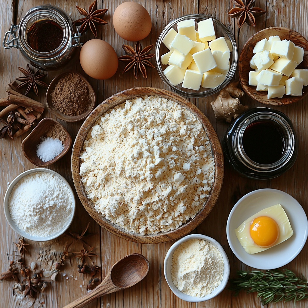 10 - Gingerbread Cheesecake Cookie ingredients arranged neatly on a clean, light wooden surface for an inviting, warm flat lay. Scattered piles of all-purpose flour with a small wooden scoop, a small rustic bowl of baking soda, and a variety of warm-toned spices—ground ginger, cinnamon, cloves, nutmeg—in tiny white ceramic bowls showcasing their fine, powdery textures. A block of softened unsalted butter on a butter dish, alongside small glass bowls holding dark brown sugar and granulated sugar, highlighting the contrast between their coarse and fine grains. A glossy raw egg in an elegant porcelain ramekin. A small glass jar of deep amber molasses with a silver spoon resting beside it. A bottle or small jar of vanilla extract with a rich brown liquid. Softened cream cheese displayed as a smooth, creamy mound on a white ceramic plate. The overall color palette is warm with rich browns, creams, and soft yellows, accented by the white bowls and wooden textures. Ingredients arranged organically but balanced with visual breathing space, soft natural light casting gentle shadows to enhance textures, styled with a few sprigs of cinnamon sticks and star anise subtly placed for seasonal interest. overhead shot, top down view, flat lay photography, professional food styling --ar 1:1 --q 2 --s 750 --v 6.1