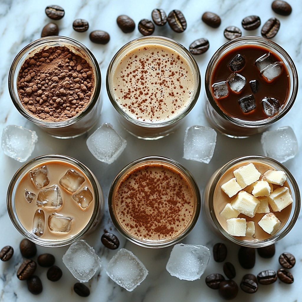 11- A clean white marble surface neatly arranged with all the main ingredients for Protein Iced Coffee: three small clear glass bowls each containing 2 oz of rich, dark espresso, three small glass ramekins with glossy toasted vanilla syrup, shiny mocha sauce, and amber caramel sauce beside them, three tall glasses filled with creamy, smooth protein shakes in vanilla white, chocolate brown, and caramel tan hues, and scattered translucent ice cubes catching light with subtle reflections. The composition is balanced and visually appealing, with contrasting colors and textures—dark espresso, glossy syrups, milky shakes, and crystalline ice—enhanced by soft natural lighting creating gentle shadows. Minimalist styling with a hint of rustic charm, clean lines, and subtle steam rising from espresso bowls to add warmth and freshness. Overhead shot, top down view, flat lay photography, professional food styling --ar 1:1 --q 2 --s 750 --v 6.1