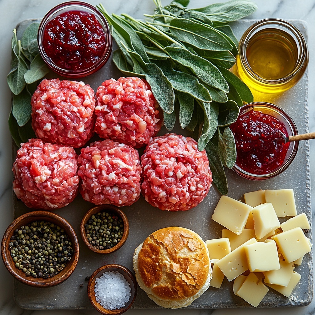 12- Thanksgiving Turkey Cranberry Sliders ingredients arranged neatly on a clean white marble surface: raw ground turkey in a small rustic ceramic bowl showing its pink, slightly textured meat; a small glass bowl with finely chopped translucent white onion; fresh green sage leaves loosely scattered alongside a small wooden scoop of dried sage powder; coarse salt crystals and whole black peppercorns artfully placed nearby; a soft golden brioche slider bun sliced in half, showing its fluffy interior; slices of creamy Swiss and sharp cheddar cheese fanned out on a small slate board; vibrant, glossy deep red cranberry sauce in a tiny white ramekin with a spoon resting beside it; a bunch of fresh bright green arugula and spinach leaves adding pops of color; olive oil in a small clear glass bottle with a cork stopper; all ingredients styled with natural soft daylight, subtle shadows, matte and glass textures contrasting, minimalist rustic kitchen vibe, arranged thoughtfully with negative space for balance, earth tones and pops of red and green emphasize freshness and warmth. Overhead shot, top down view, flat lay photography, professional food styling --ar 1:1 --q 2 --s 750 --v 6.1