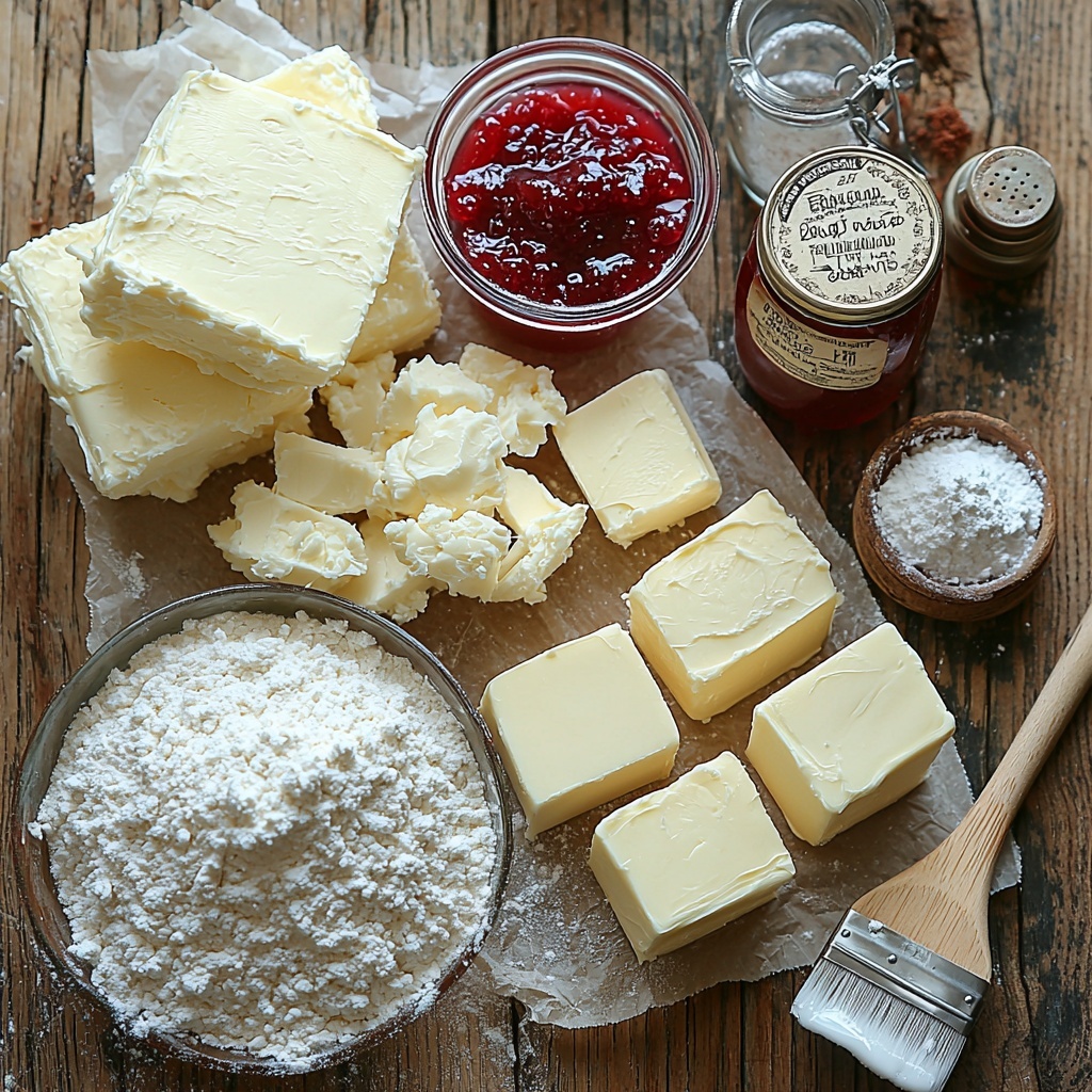 1- Softened unsalted butter sticks, creamy white full-fat cream cheese blocks, small glass bowl of vibrant red strawberry jam with glossy texture, vintage silver teaspoon resting beside, measuring cup filled with fine white all-purpose flour, scattering of extra flour gently dusted on a clean, light wooden surface, small heap of granulated sugar, teaspoon of pure vanilla extract in a tiny clear glass bottle, sprinkling of fine powdered sugar in a small ceramic dish, rustic pastry brush with natural bristles lightly dusted with powdered sugar, soft folded white linen napkin partially visible, warm natural light casting gentle shadows, subtle textures highlighting softness of dairy and glossiness of jam, arranged with balanced spacing and harmonious composition, bright and airy atmosphere, neutral background enhancing colors and textures, overhead shot, top down view, flat lay photography, professional food styling --ar 1:1 --q 2 --s 750 --v 6.1