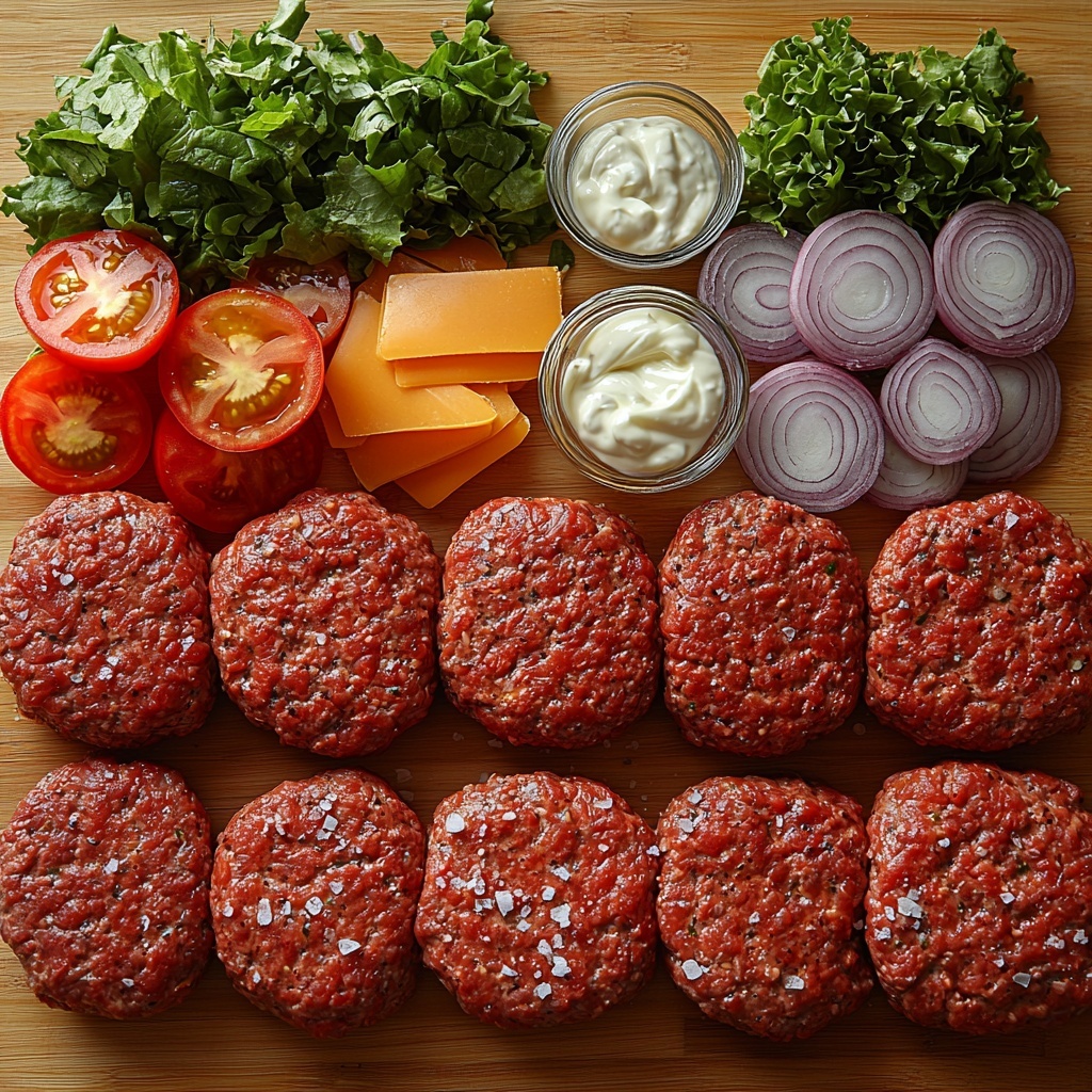 2- /Imagine prompt: A clean, light wooden surface neatly arranged with the main ingredients for smash burgers, styled for professional flat lay food photography. Eight raw ground beef patties (80/20), rich red and marbled with fat, placed evenly in two rows. Nearby, coarse salt crystals and freshly ground black pepper scattered artistically, with a small bowl of pale garlic powder for optional seasoning. Four thick slices of medium cheddar cheese, vibrant orange and slightly textured, stacked slightly offset. A small glass bowl containing creamy mayonnaise with a smooth, glossy surface next to a teaspoon of bright yellow mustard. Four golden brioche burger buns, their shiny, glossy tops showing a soft, pillowy texture; one bun sliced open to reveal the fluffy interior. Piles of shredded iceberg lettuce, crisp and pale green, with bright green veins visible. Slices of ripe, juicy red tomato arranged in a neat fan, showcasing their vibrant color and juicy seeds. Thin rings of deep purple-red onion, translucent and delicate, softly curling. Twelve dill pickle slices, glossy and textured with visible ridges, arranged in a semi-circle. The composition balanced with negative space, natural daylight highlighting fresh colors and textures, slight shadows for depth. Overhead shot, top down view, flat lay photography, professional food styling --ar 1:1 --q 2 --s 750 --v 6.1