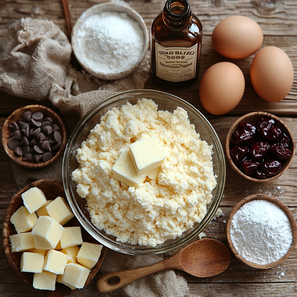 3- Softened unsalted butter in a small glass bowl, golden brown packed brown sugar next to white granulated sugar in neat small heaps, two large fresh eggs with smooth shells, a small clear bottle of vanilla extract with amber liquid inside, three cups of all-purpose flour in a rustic ceramic bowl showcasing fine white powder texture, a small wooden spoon holding light beige baking soda beside a tiny ceramic dish of fine white salt, a white bowl filled with glossy semi-sweet chocolate chips, a small bowl of vibrant red chopped maraschino cherries glistening with moisture, a fine mesh sieve dusting delicate white powdered sugar over the scene, all ingredients artfully arranged on a clean, light-colored wooden surface with soft natural lighting that enhances the textures and colors, styled with minimal rustic props like a linen napkin and a wooden spoon for warmth and contrast, overhead shot, top down view, flat lay photography, professional food styling --ar 1:1 --q 2 --s 750 --v 6.1