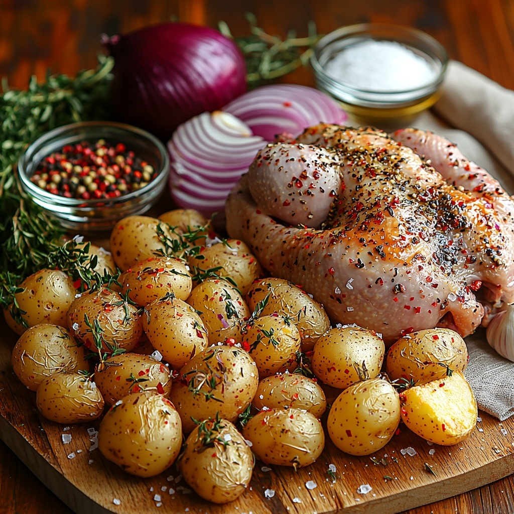 6- A clean, light wooden surface arranged with the main ingredients for roast chicken and veggies: a whole raw chicken with pale pink skin, glistening with a light brush of olive oil; small golden baby potatoes clustered together; vibrant deep red onion wedges showing layered textures; peeled garlic cloves smooth and glossy white; small bunch of fresh bright green thyme sprigs; a small bowl of coarse white sea salt mixed with black pepper specks, crushed fennel seeds, and red chili flakes; two small glass bowls of golden olive oil; scattered coarse sea salt crystals and cracked black peppercorns around. Natural soft daylight illuminating the scene, shadows gentle and diffuse. Composition balanced with ingredients spaced evenly and artistically to highlight colors and textures, minimal rustic props, subtle linen napkin folds on the side, emphasizing freshness and rustic simplicity. overhead shot, top down view, flat lay photography, professional food styling --ar 1:1 --q 2 --s 750 --v 6.1