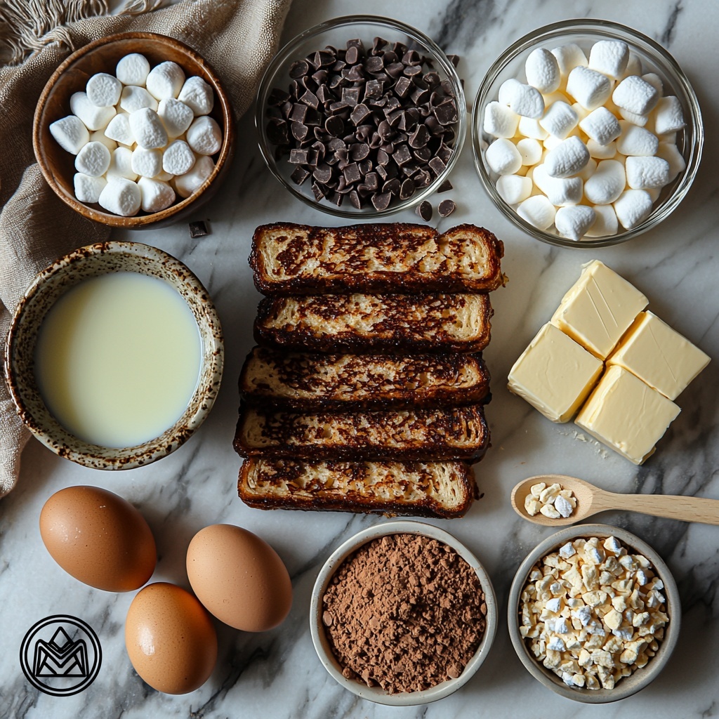 7- a flat lay of all the main ingredients for S’mores French Toast Delight arranged neatly on a clean white marble surface: four large brown eggs in a small rustic ceramic bowl, a glass measuring cup with 240 ml whole milk showing creamy white liquid, a small glass bowl of golden vanilla extract, a white spoon holding warm brown ground cinnamon powder, a tiny pile of fine salt crystals on a white ceramic spoon, eight thick slices of golden brioche or challah bread stacked partially overlapping to show fluffy texture, a small pile of glossy dark brown chocolate chips, a small heap of light golden crushed graham cracker crumbs with a slightly sandy texture, a small bowl filled with white mini marshmallows that have a soft pillowy look, and a small block of creamy yellow butter with a butter knife resting nearby. The ingredients are spaced evenly with soft natural daylight illuminating the scene, highlighting the warm tones and textures of each element. Minimal shadows, clean modern styling with neutral linen napkin folded subtly at the edge, wooden serving utensils adding warmth and contrast. Overhead shot, top down view, flat lay photography, professional food styling --ar 1:1 --q 2 --s 750 --v 6.1