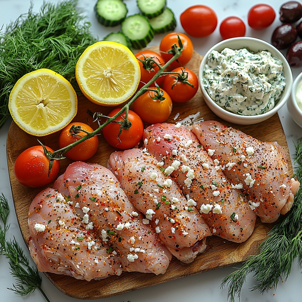 8- boneless skinless chicken thighs raw and marinated in a small glass bowl with olive oil, lemon juice, minced garlic, dried oregano, paprika, and kosher salt, vibrant yellow lemon halves with juice droplets nearby, whole garlic cloves and some minced garlic on a wooden board, small bowls with creamy Greek yogurt and tzatziki sauce speckled with fresh chopped dill, a bowl of cooked fluffy white rice, a bowl of halved bright red cherry tomatoes, diced crisp Persian cucumbers glistening with freshness, thinly sliced translucent red onion rings arranged in a small pile, a small white bowl filled with dark purple kalamata olives, crumbled white feta cheese scattered loosely on a rustic white ceramic plate, fresh green dill sprigs and parsley branches artistically placed, a quarter cucumber finely grated on a wooden coaster with juice droplets, a small ramekin of golden olive oil, all ingredients laid out neatly on a clean white marble surface with soft natural light emphasizing the vivid colors and textures, slight shadows for depth, minimalism with elegant spacing, fresh and inviting Mediterranean vibe, overhead shot, top down view, flat lay photography, professional food styling --ar 1:1 --q 2 --s 750 --v 6.1