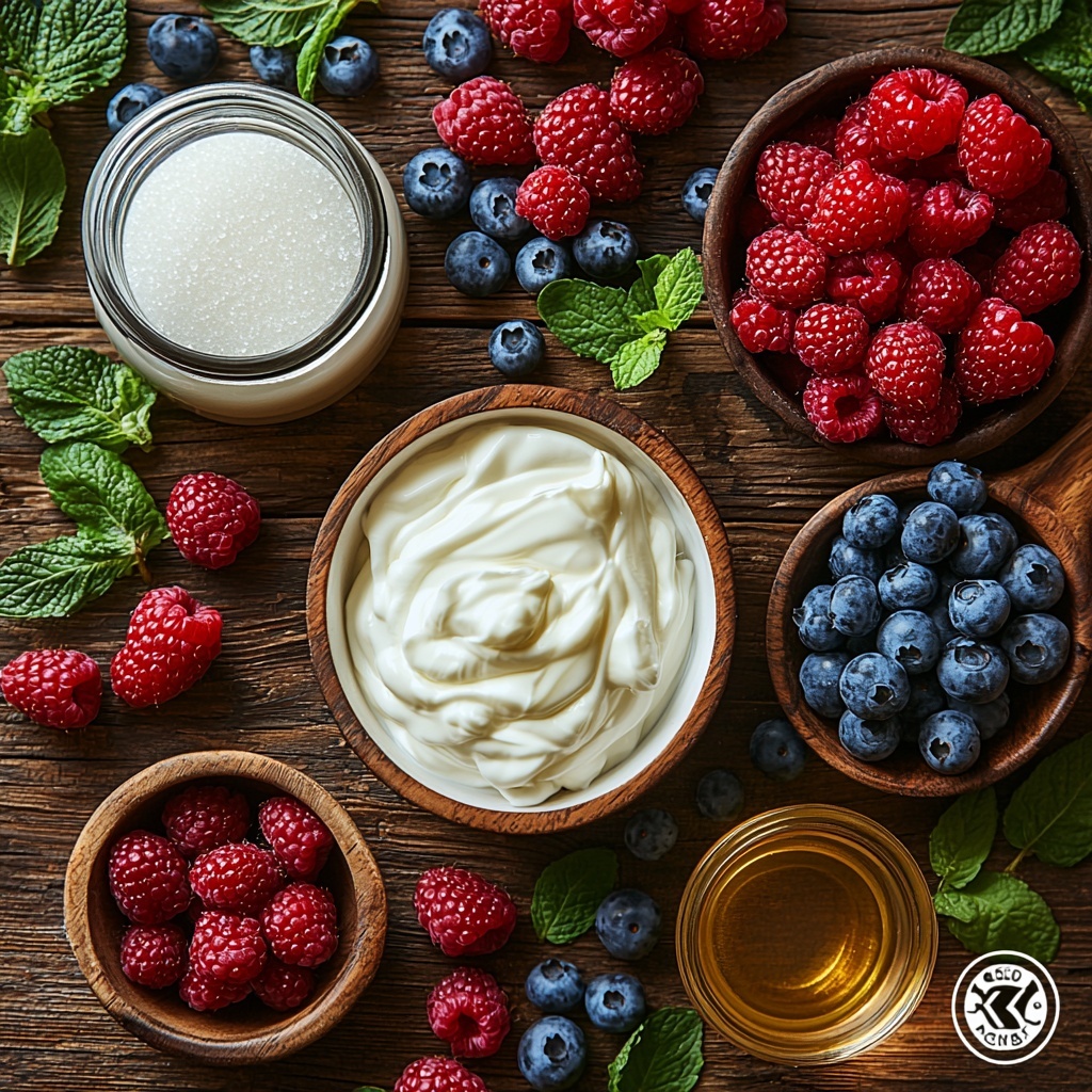 11- Greek yogurt in a small white bowl with creamy texture, a glass jar of heavy cream with smooth, glossy surface, whole milk in a clear glass bottle showing pure white liquid, granulated sugar in a small wooden scoop displaying sparkling crystals, a small glass bowl of golden pure vanilla extract with light reflections; nearby, a rustic wooden bowl filled with vibrant mixed berries—strawberries with rich red hues and seeds visible, plump blueberries with deep blue tones and a matte finish, glossy raspberries showing delicate texture; a small glass bowl containing fine granulated sugar crystals, a tiny glass pitcher of fresh lemon juice with pale yellow liquid; all ingredients neatly arranged on a clean, light wooden surface with natural daylight softly illuminating them, subtle shadows adding depth, minimalistic styling with a touch of rustic charm, emphasis on vivid colors and contrasting textures, careful spacing and balance to highlight each component’s freshness and appeal, overhead shot, top down view, flat lay photography, professional food styling --ar 1:1 --q 2 --s 750 --v 6.1