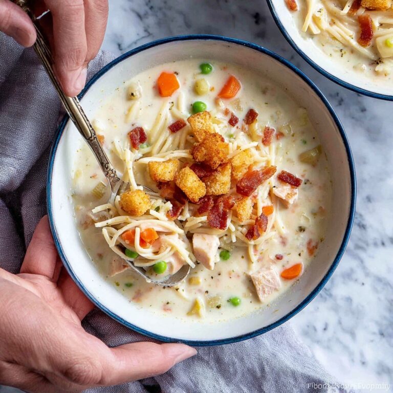 Creamy Chicken Noodle Soup with Mini Croutons Recipe