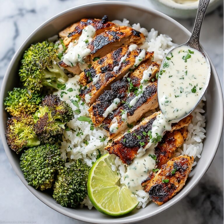 Grilled Chicken & Broccoli Bowls with Creamy Garlic Sauce Recipe