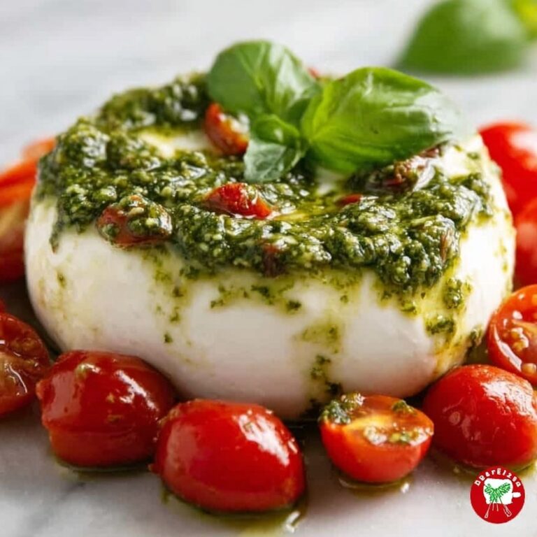 Pesto Burrata Appetizer with Roasted Tomatoes and Balsamic Glaze Recipe